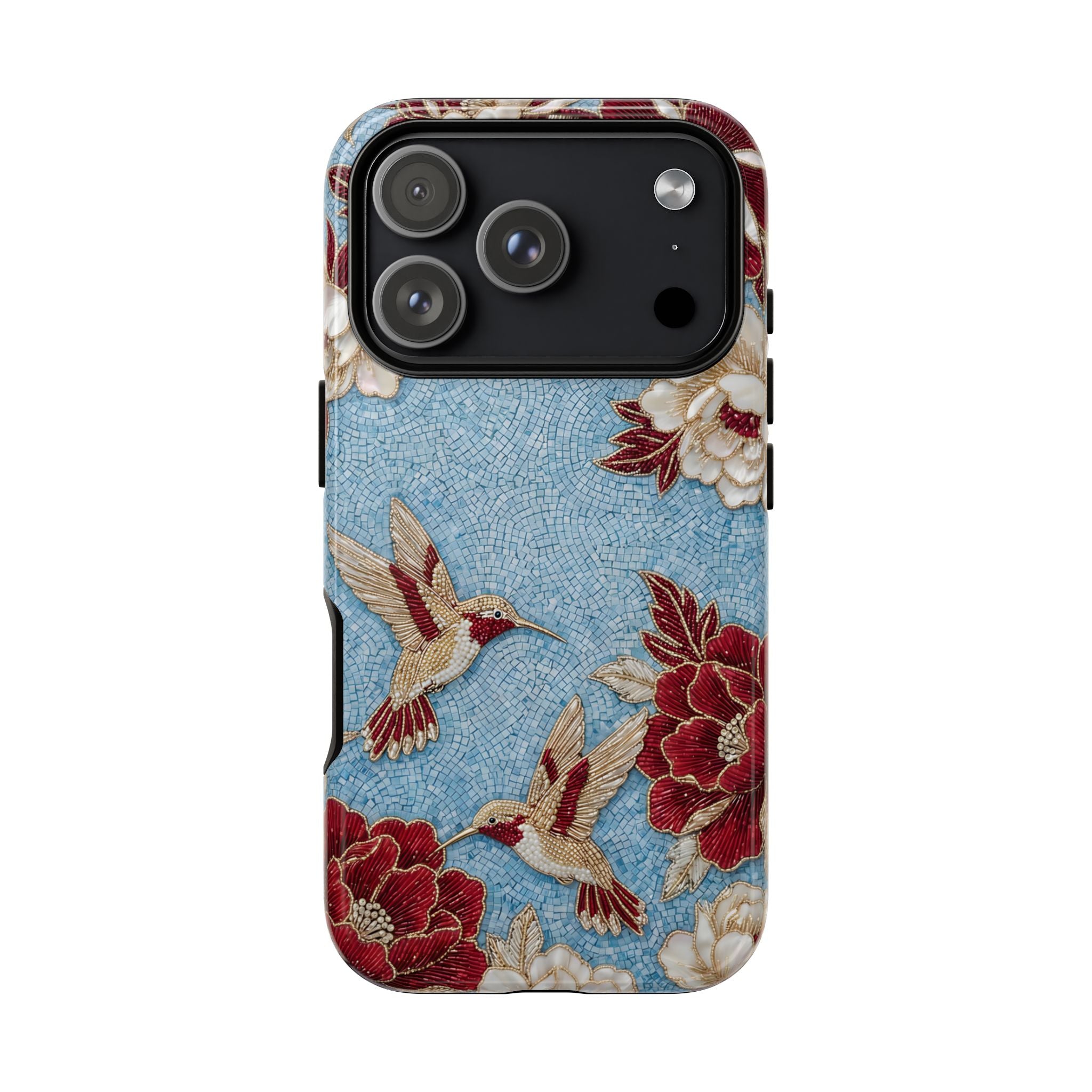 Floral Hummingbird Tough iPhone Case | Vintage Blue & Burgundy Botanical Design