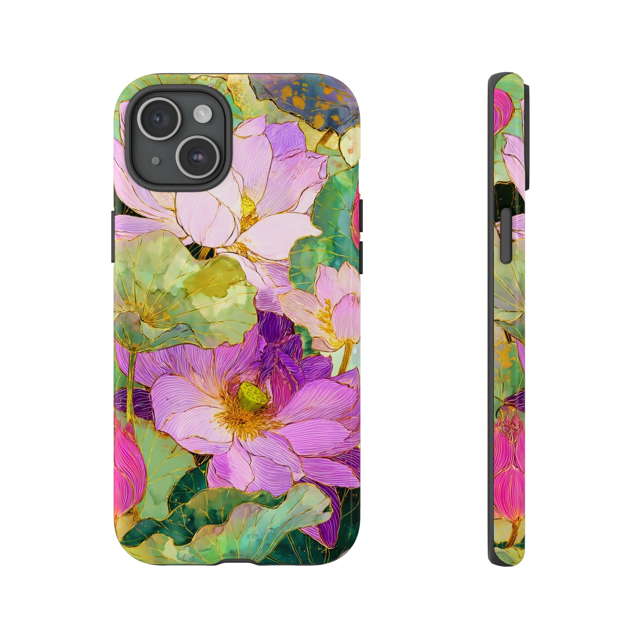 Floral Watercolor Tough iPhone Case | Pink Lotus Garden Protective Cover