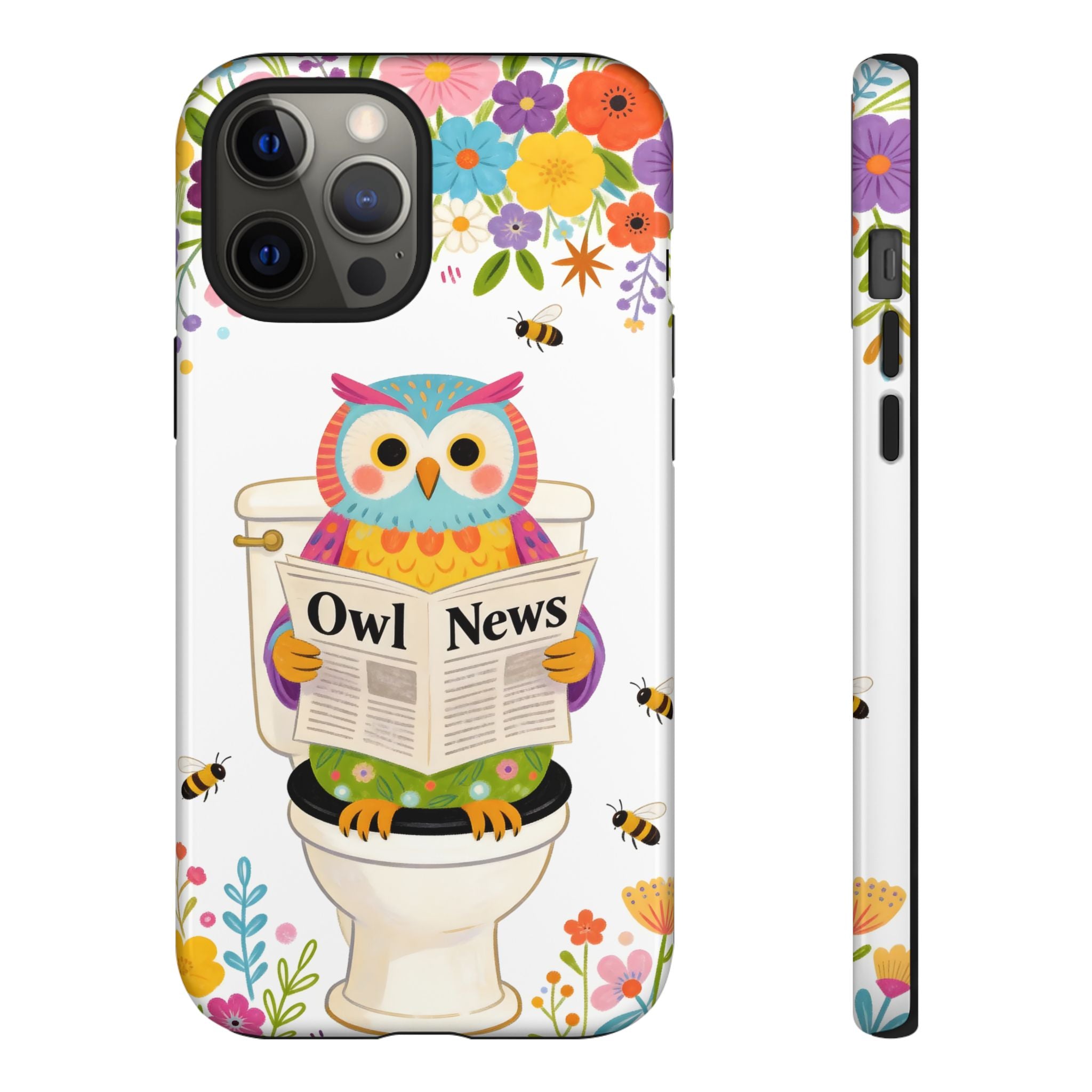 Owl News Floral iPhone Case | Cute Owl Reading Newspaper on Toilet