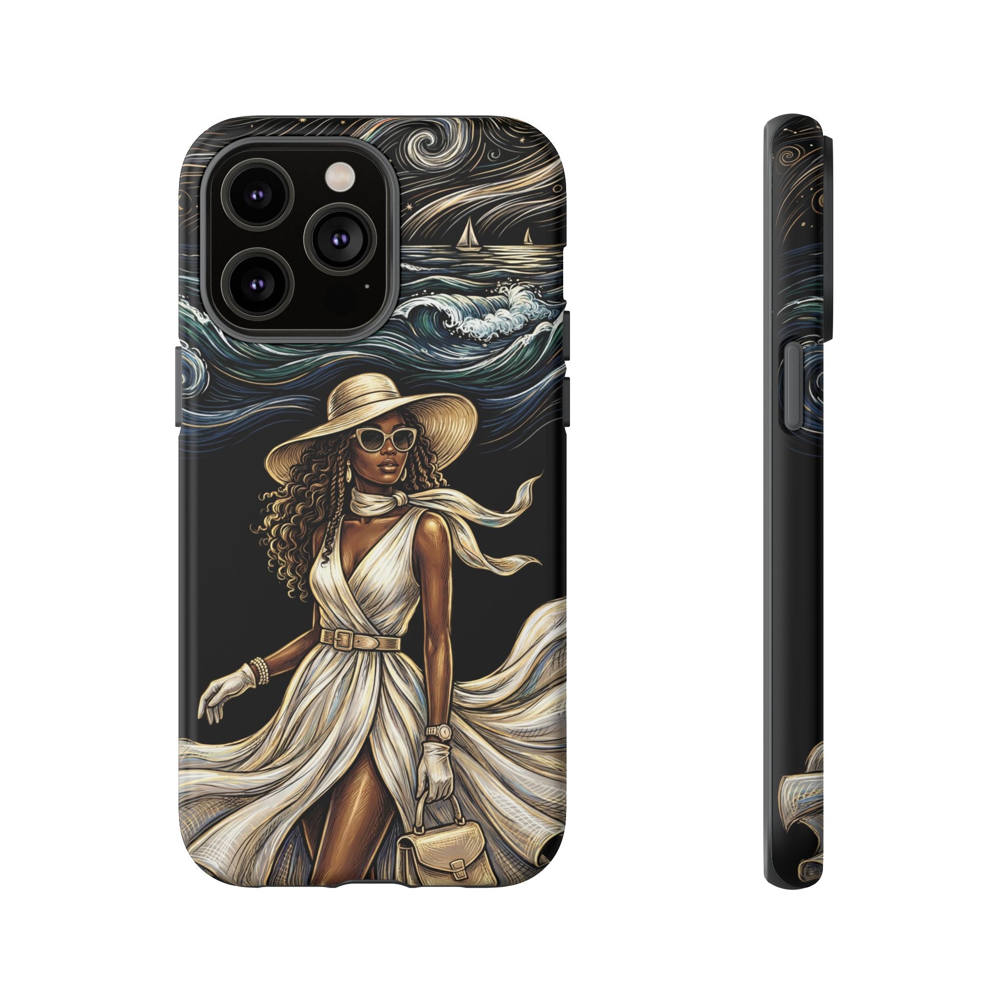 iPhone Case | Elegant Black Woman in Flowing Dress by the Sea