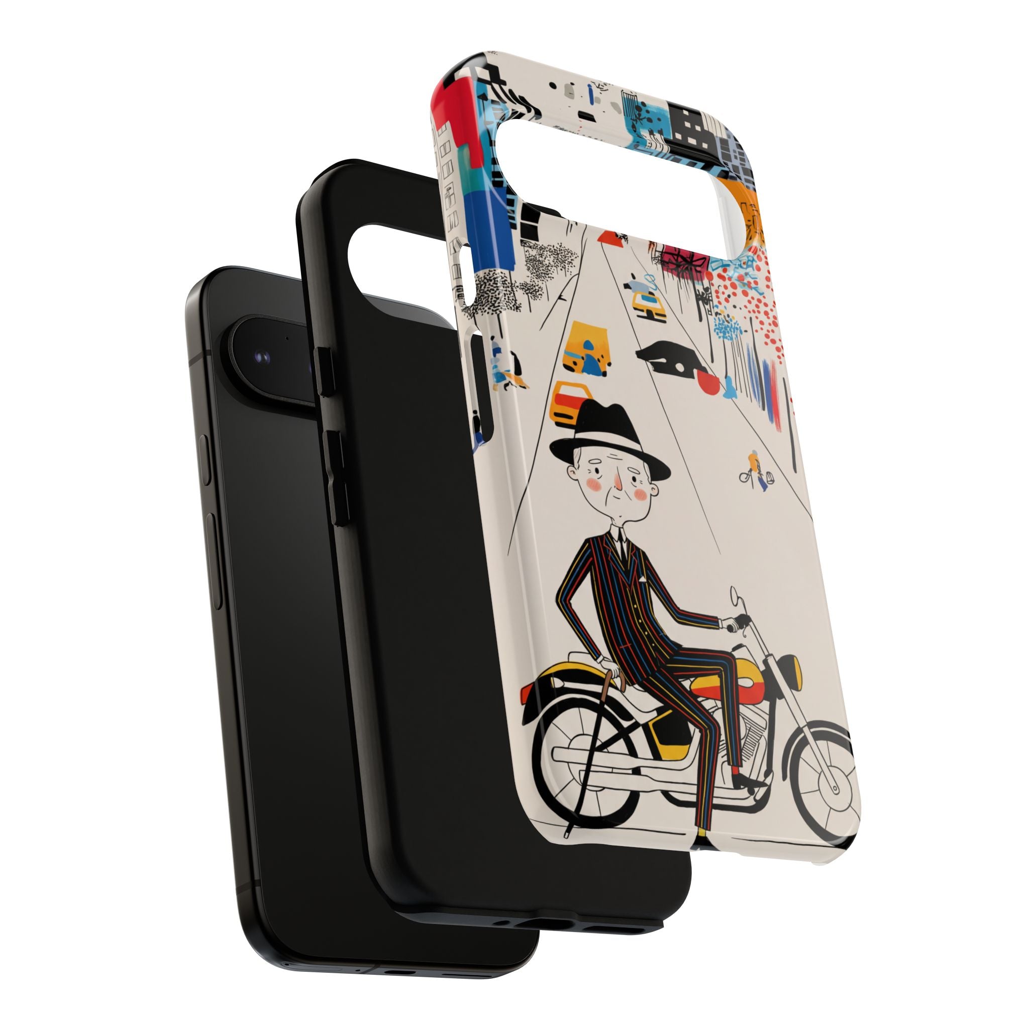 Vintage Grandpa Rider Motorcycle Google Pixel Phone Case | Illustrated Cityscape