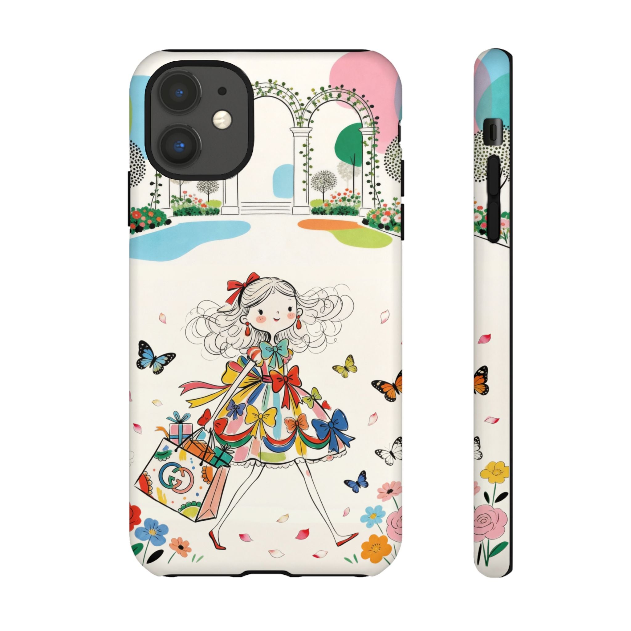 Whimsical Shopping Girl iPhone Case | Cute Floral Butterfly Tough Case