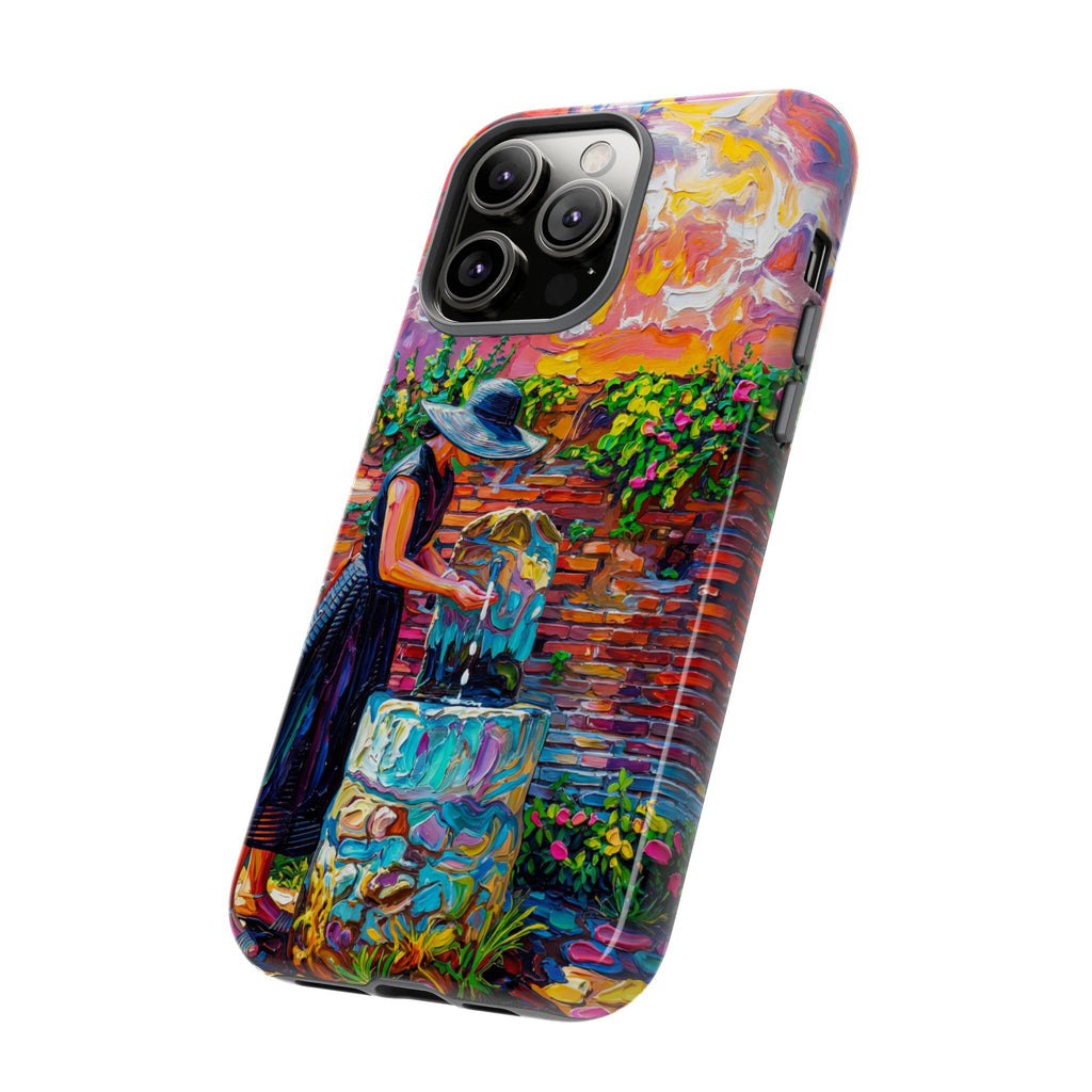 Artistic Garden iPhone Case | Woman at Fountain Colourful Painterly Design