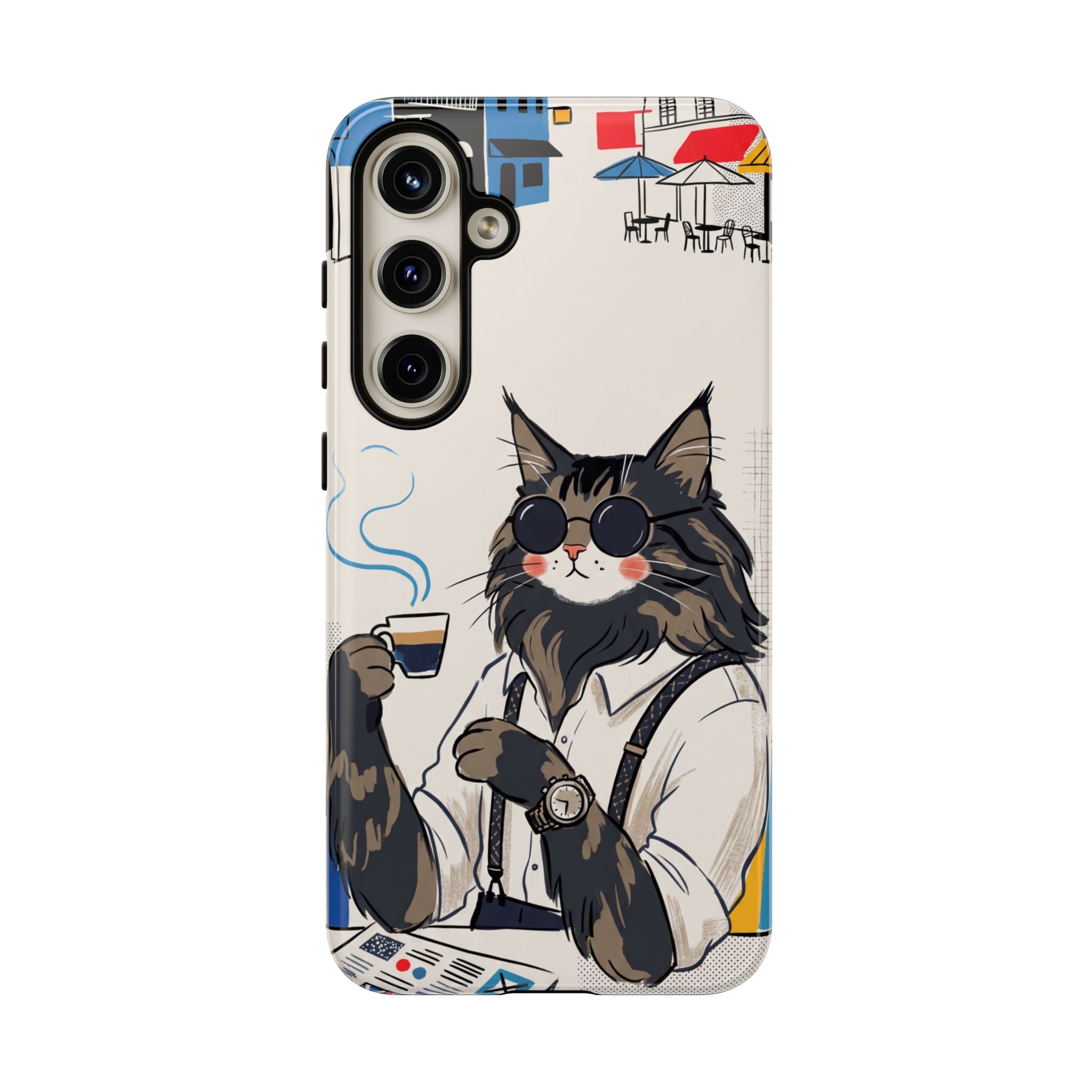 Cat Barista Samsung Galaxy Phone Case | Cool Cat in Sunglasses Coffee Shop Design