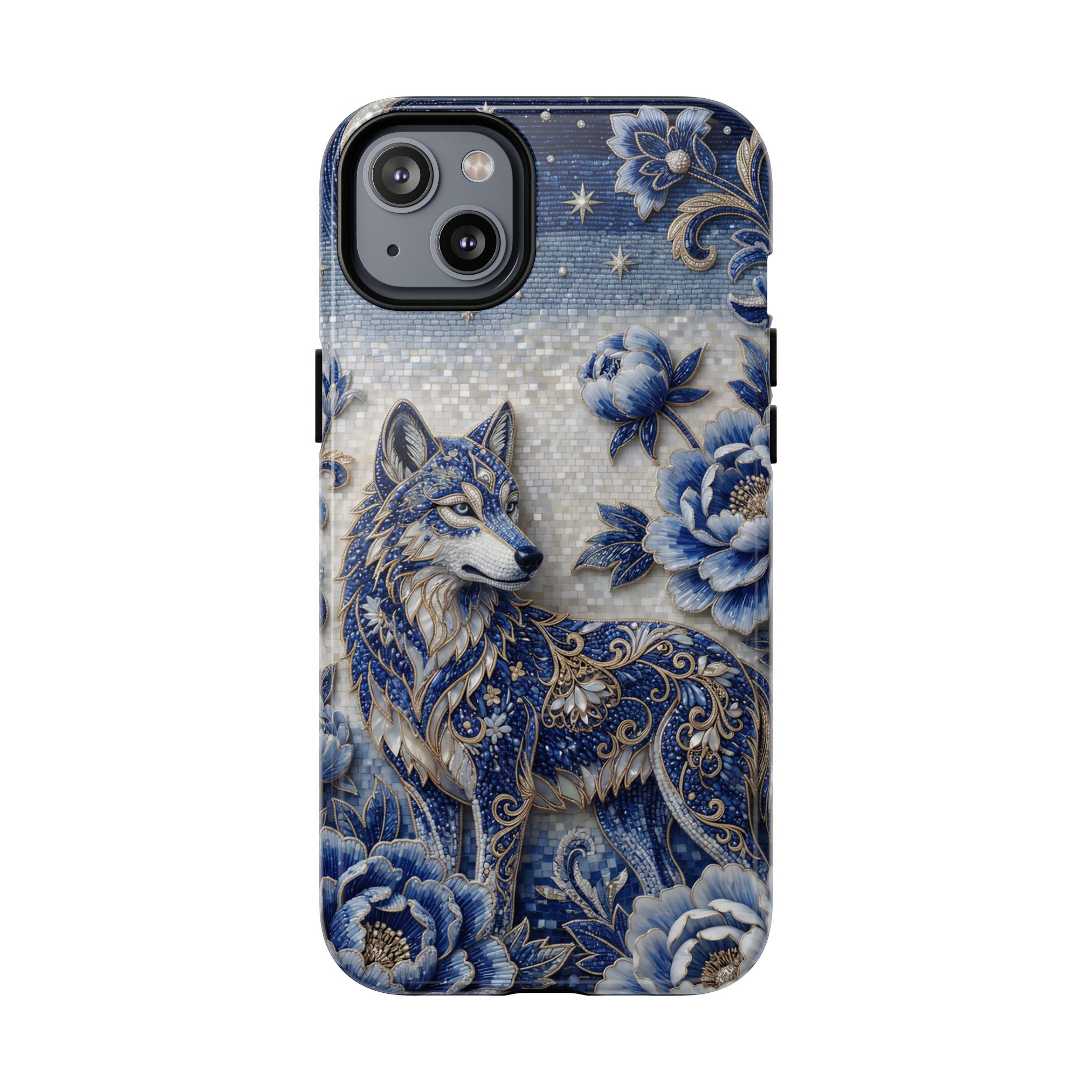 Blue Floral Wolf Tough MagSafe iPhone Case | Moonlit Wolf Protective Cover