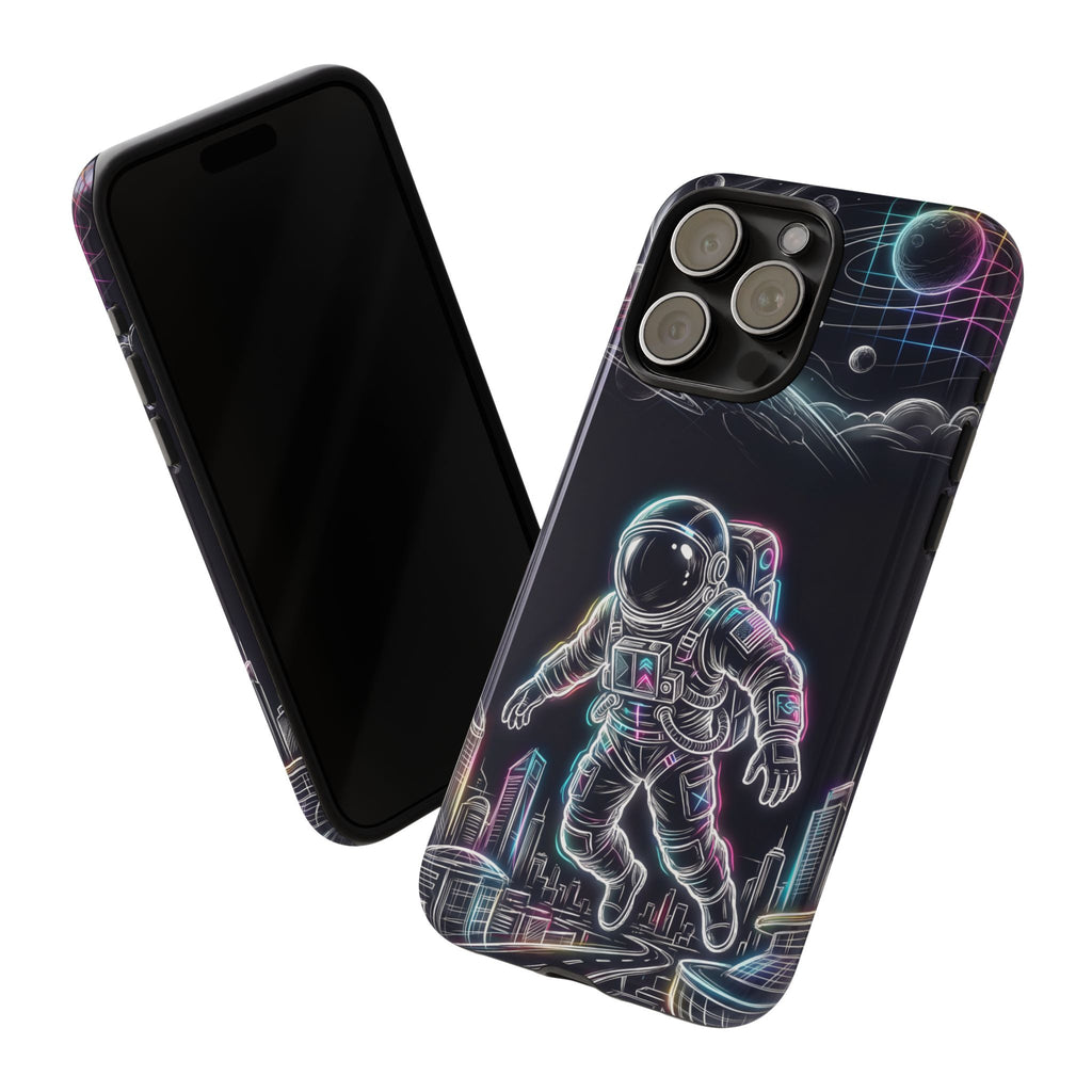 Custodia per iPhone a tema astronauta ed esploratore spaziale al neon