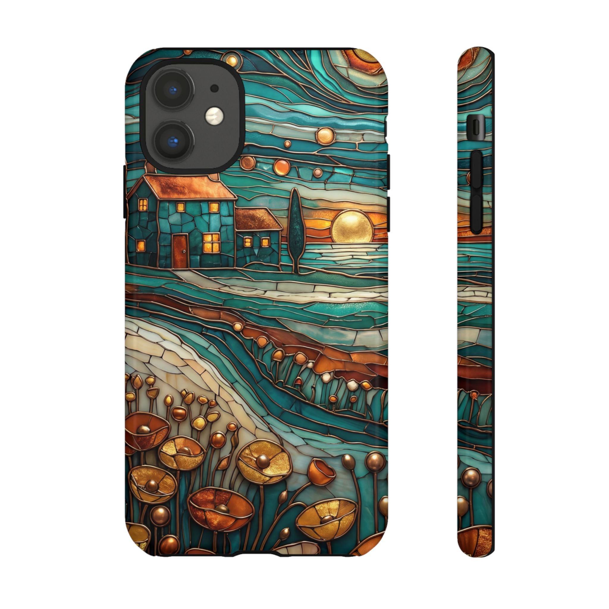 Artistic Sunset Cottage iPhone Case | Whimsical Floral Landscape Protective Cover