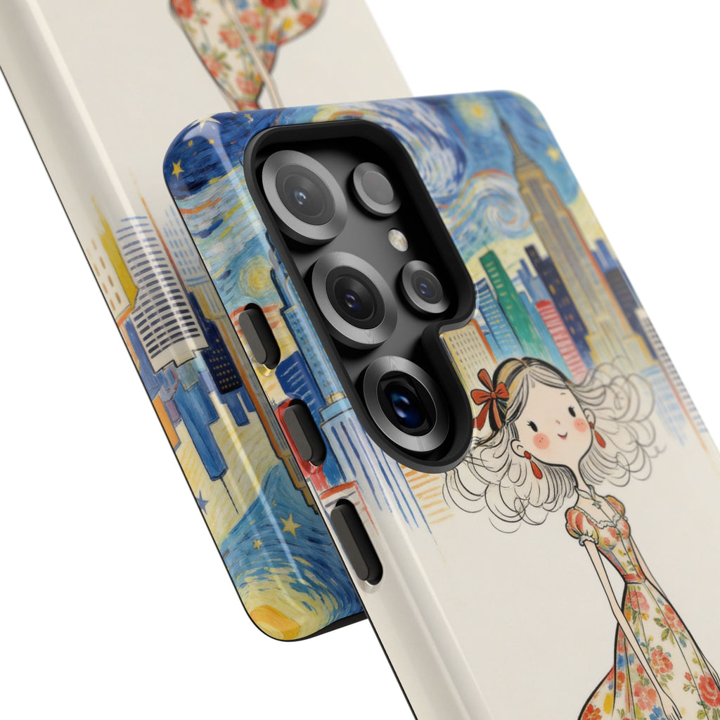 Artistic Girl Cityscape Samsung Galaxy Phone Case | Cute Floral Dress Rooftop Design