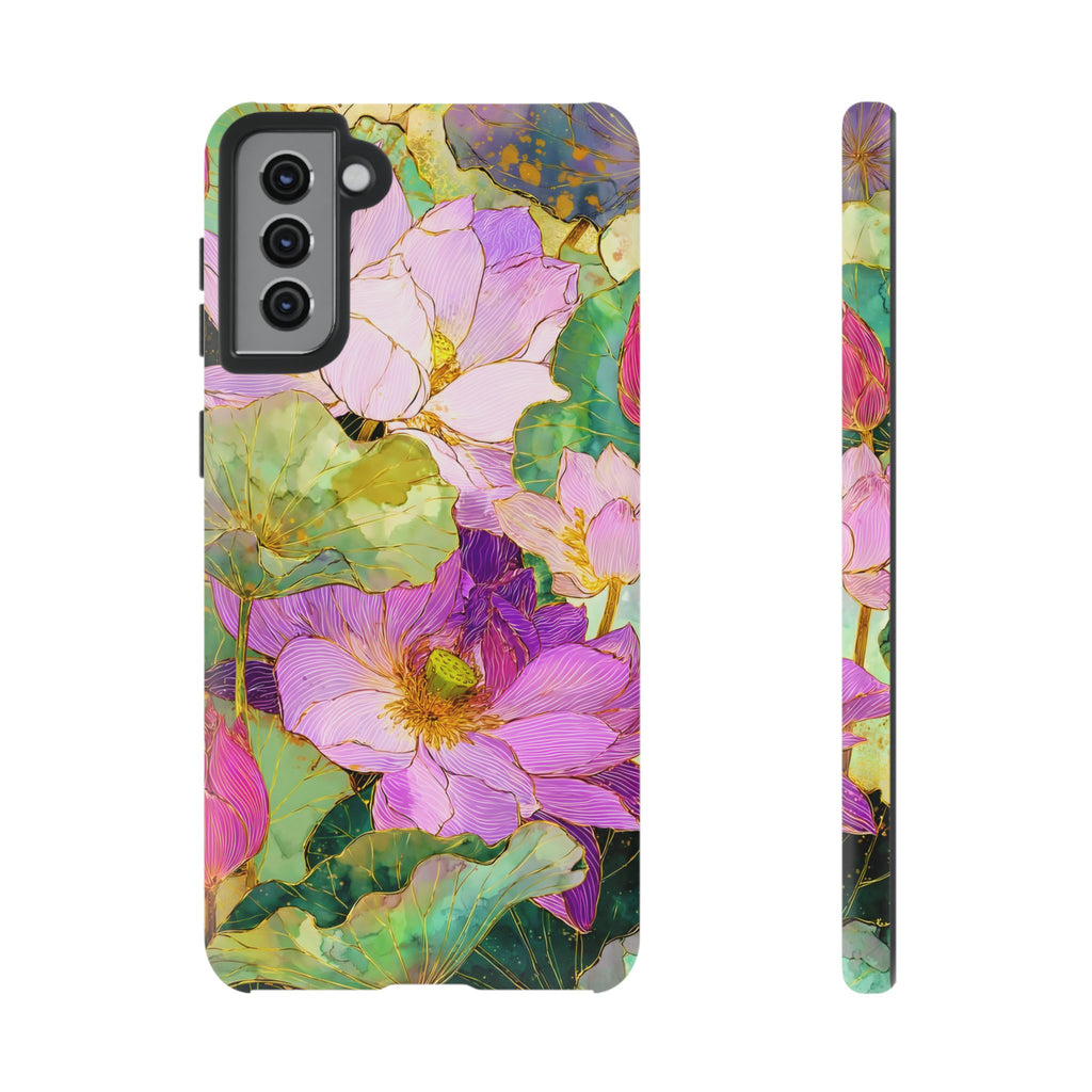 Custodia Protettiva Resistente per Telefono Samsung Galaxy con Acquerello Floreale | Cover Protettiva Giardino di Loto Rosa