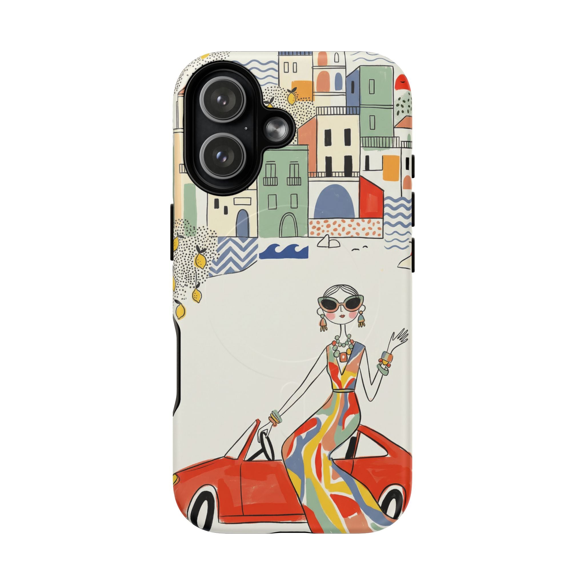 Stylish Riviera MagSafe iPhone Case | Chic Retro Woman in Convertible Design