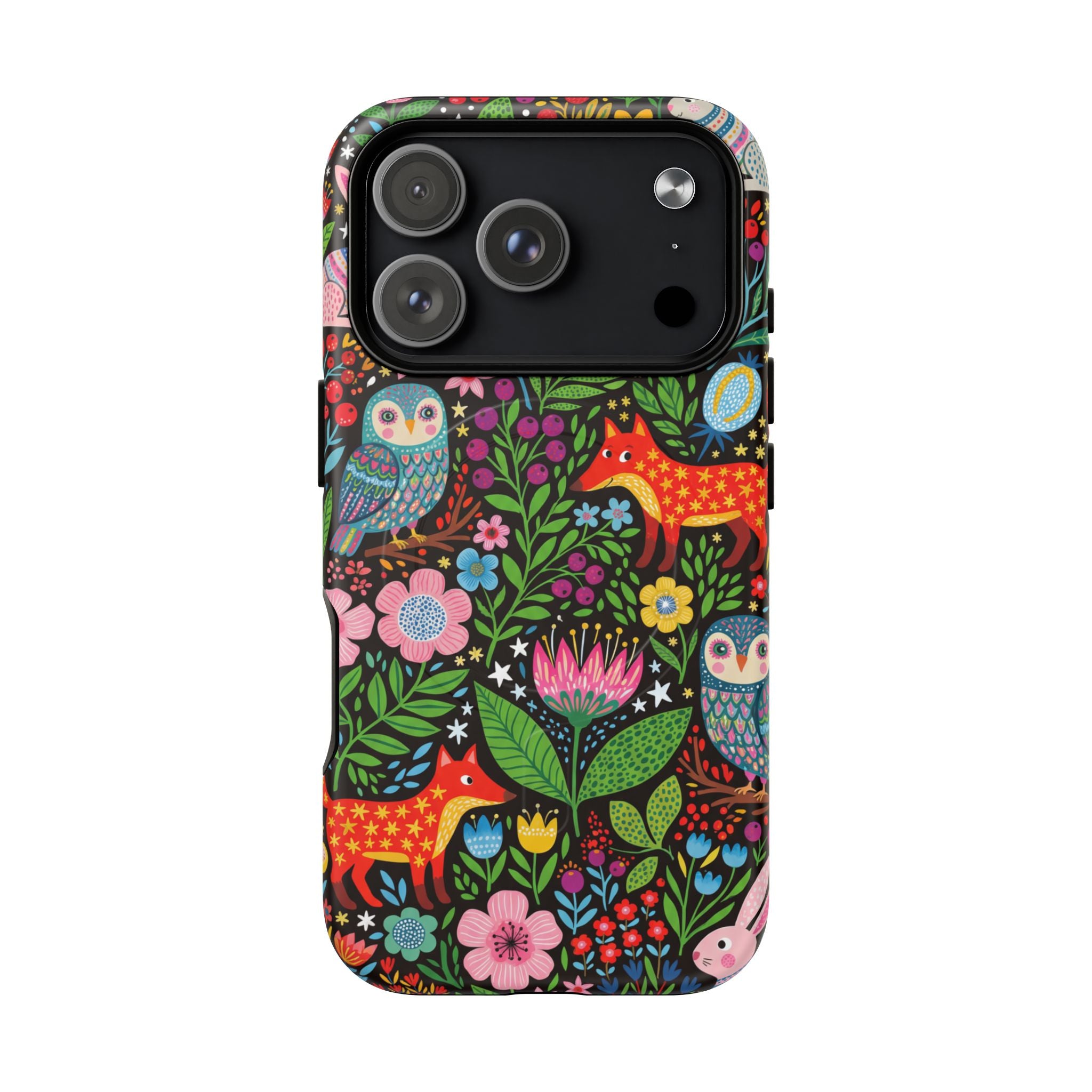 Floral Woodland MagSafe iPhone Case | Colourful Fox & Owl Protective Cover