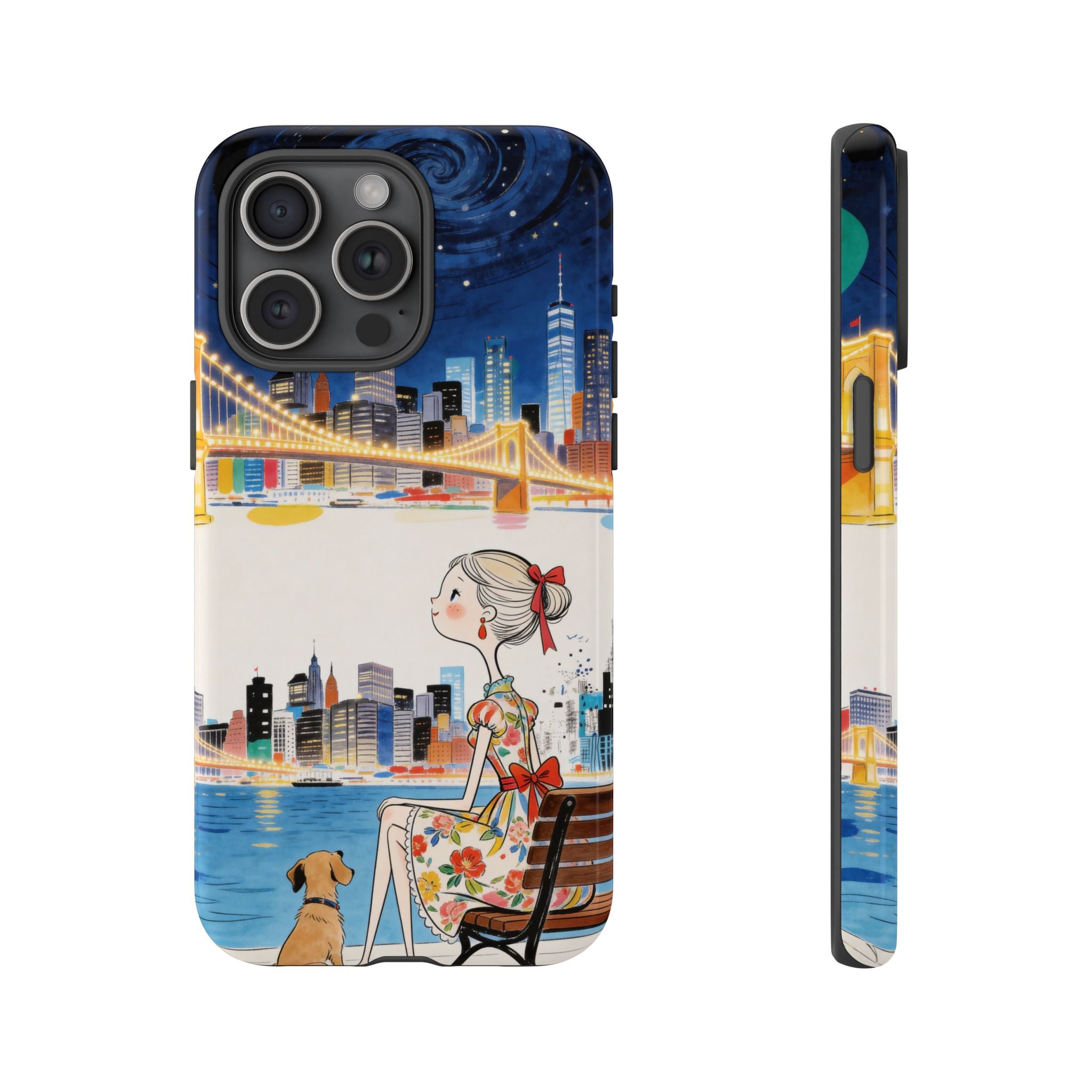 City Night iPhone Case | Cute Girl & Dog Bench Illustration