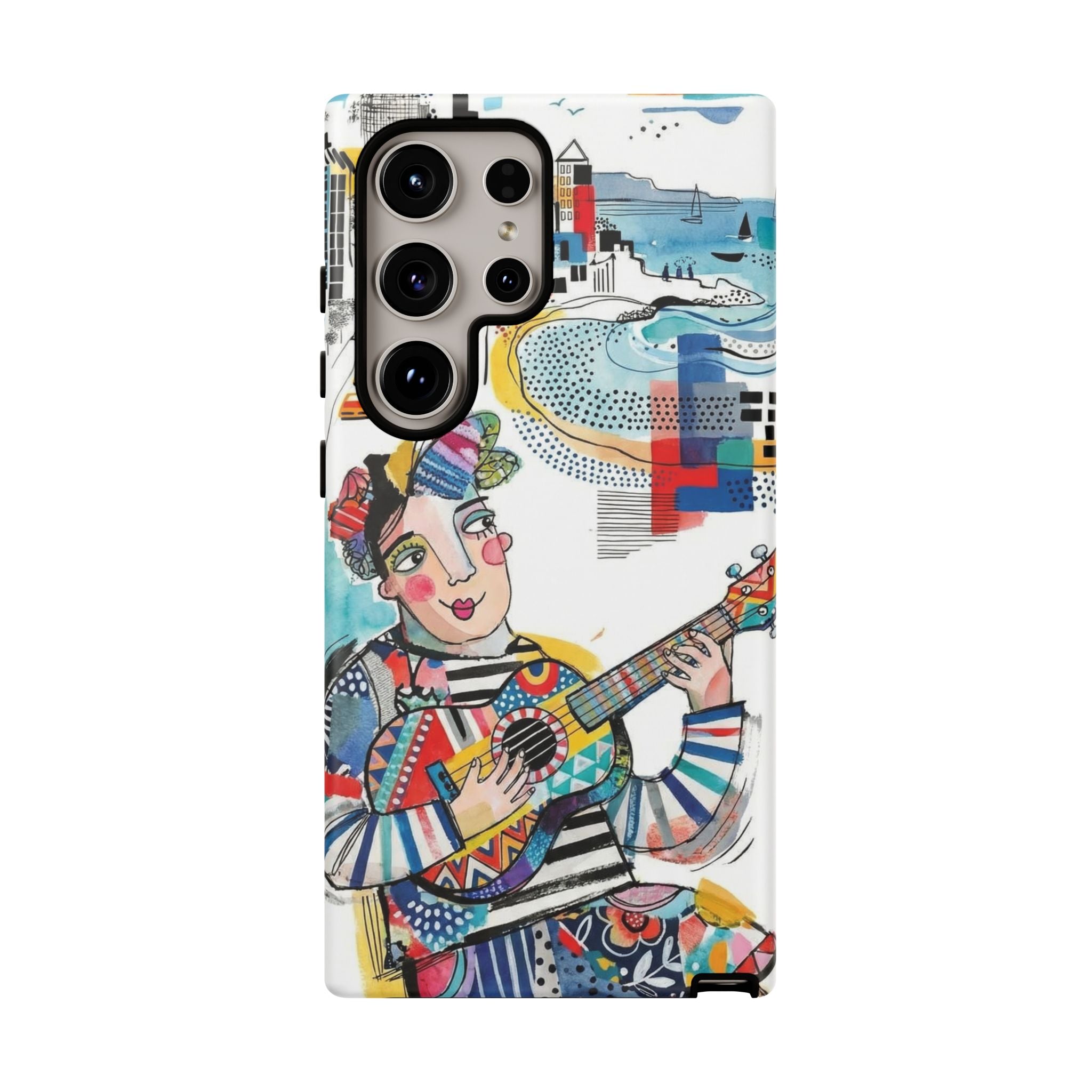 Custodia per Samsung Galaxy per Musicisti Artistici | Custodia Resistente con Chitarra Colorata e Paesaggio Urbano