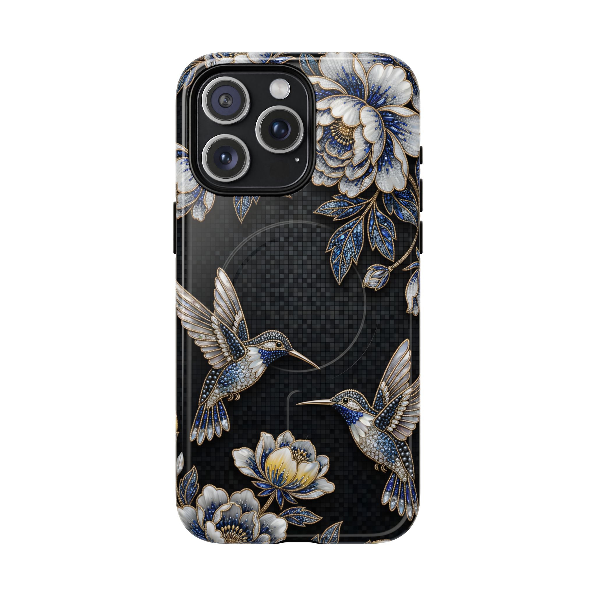 Hummingbird & Peony Floral MagSafe iPhone Case | Elegant Black Protective Cover