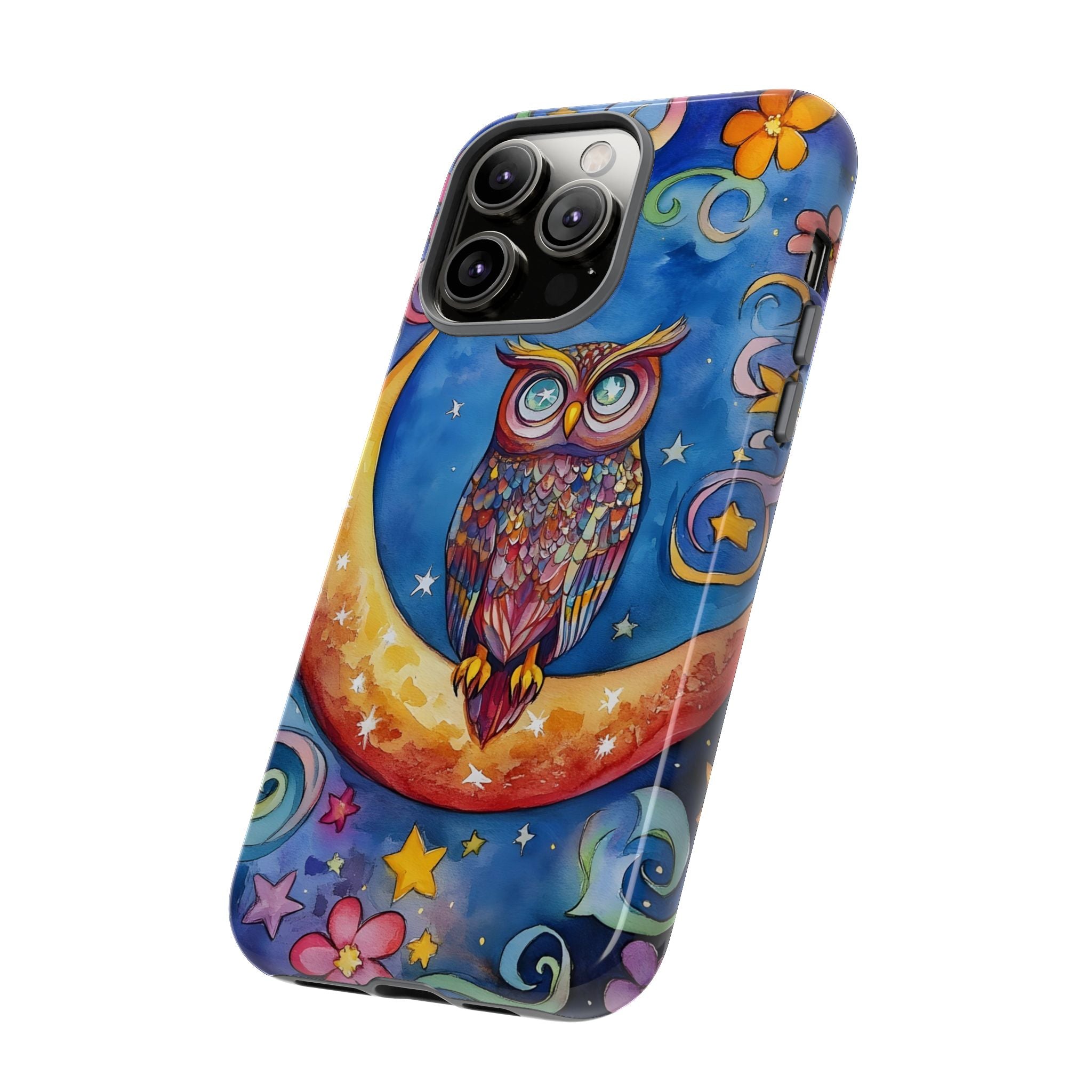 Owl on Crescent Moon iPhone Case — Colourful Whimsical Night Sky Design