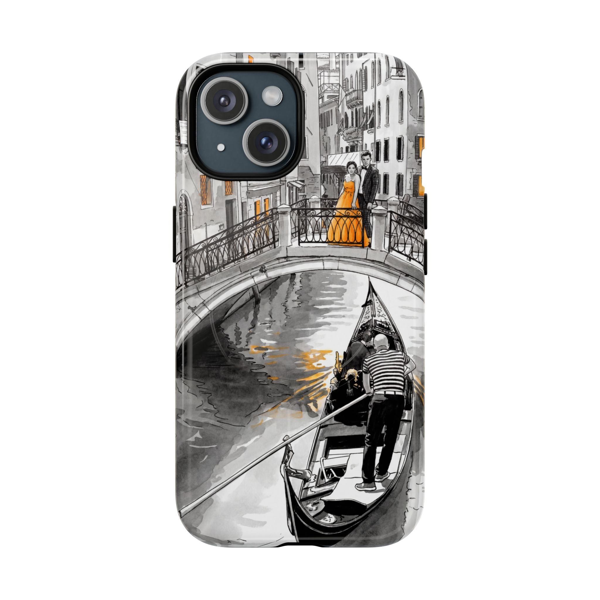 Custodia per iPhone Gondola di Venezia | Custodia MagSafe resistente con motivo schizzo in bianco e nero e dettagli dorati