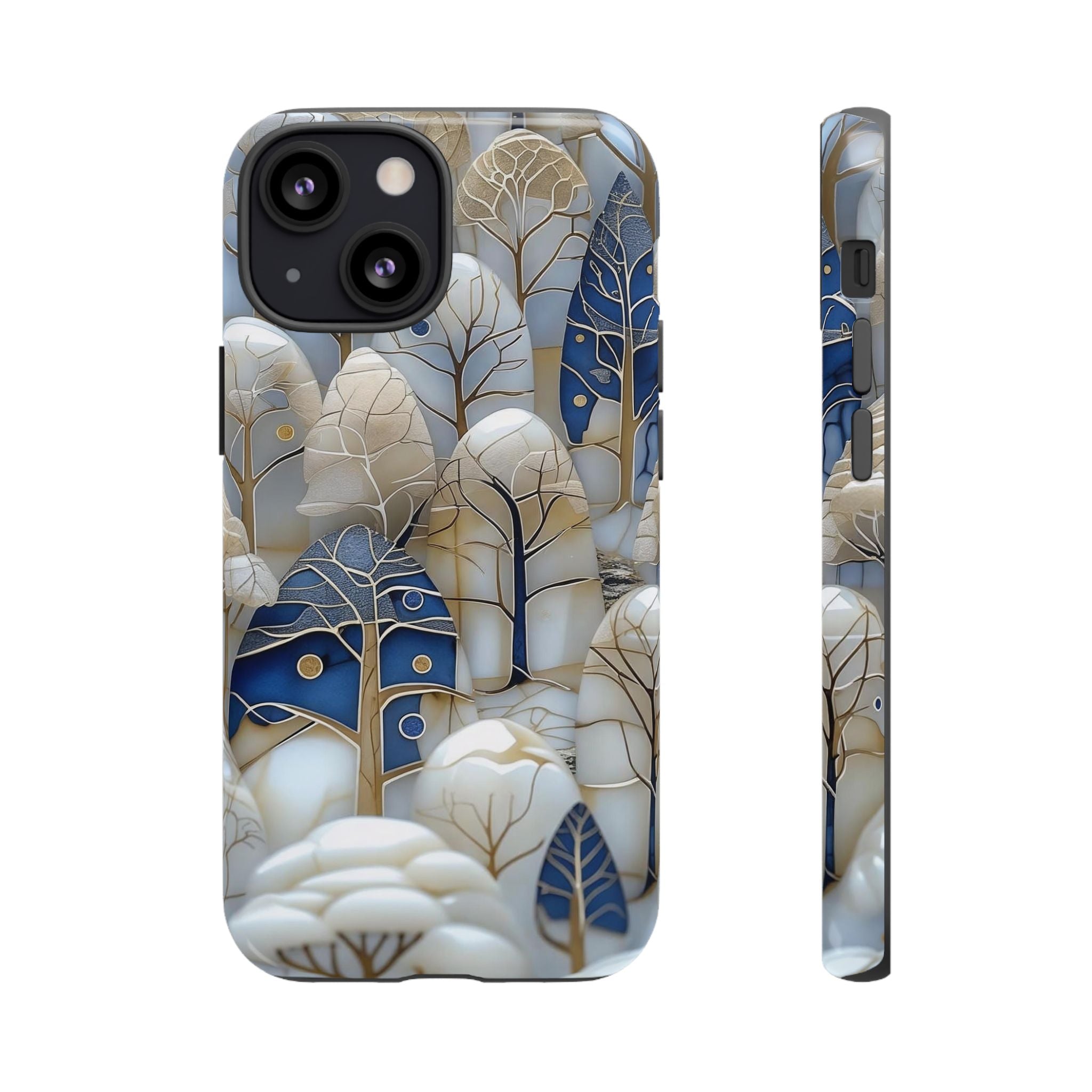 Blue Gold Winter Forest iPhone Case — Elegant Tree Pattern Tough Case