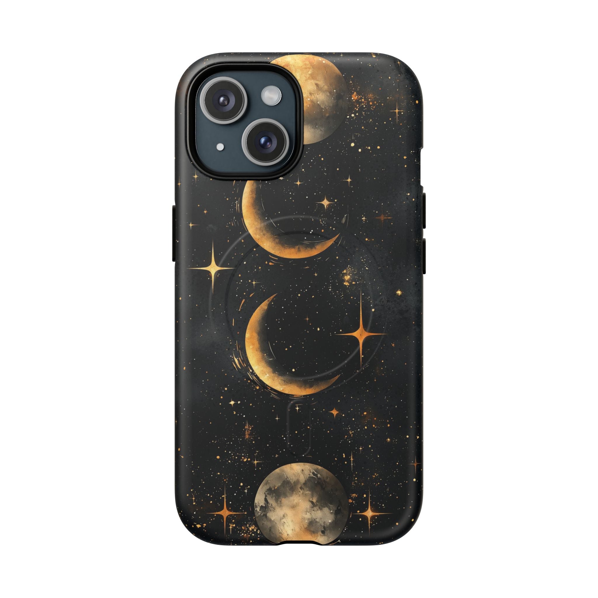 Custodia rigida MagSafe per iPhone con fasi lunari celestiali | Design a forma di galassia con mezzaluna dorata e luna piena