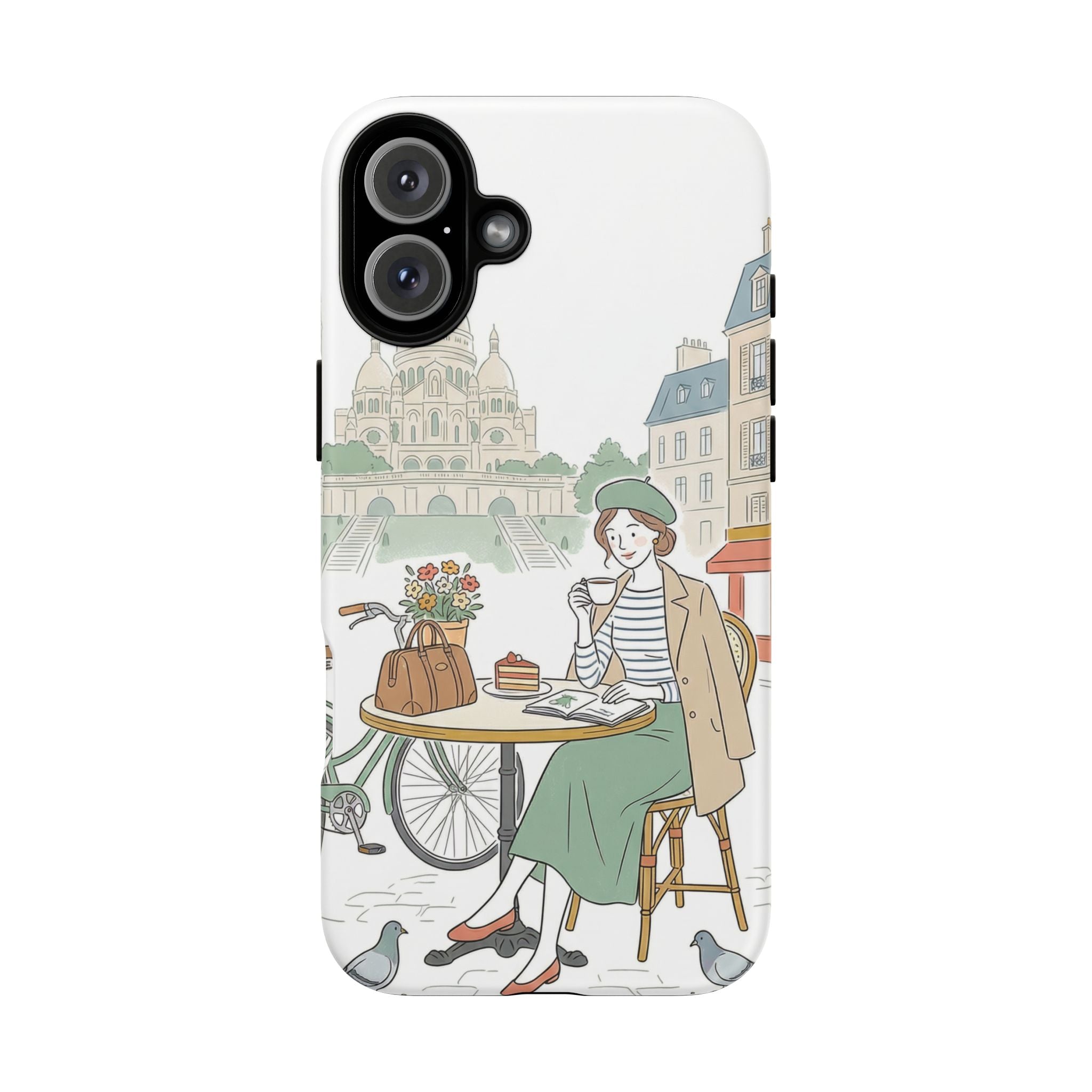 Paris Cafe Illustration iPhone Case | Vintage Bicycles & Pigeons Protective Cover