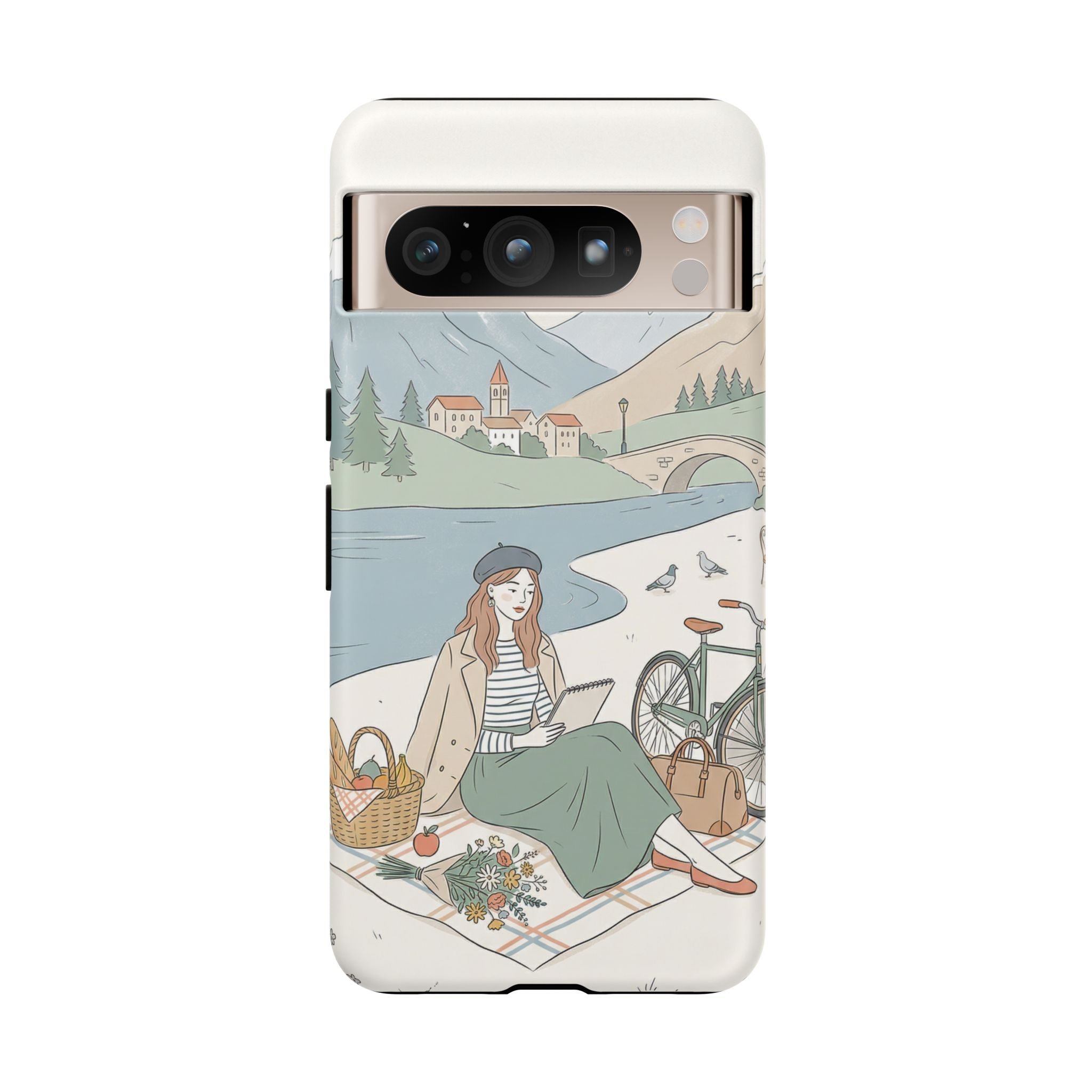 Scenic Picnic Google Pixel Phone Case | Vintage Bicycle & Mountain Illustration