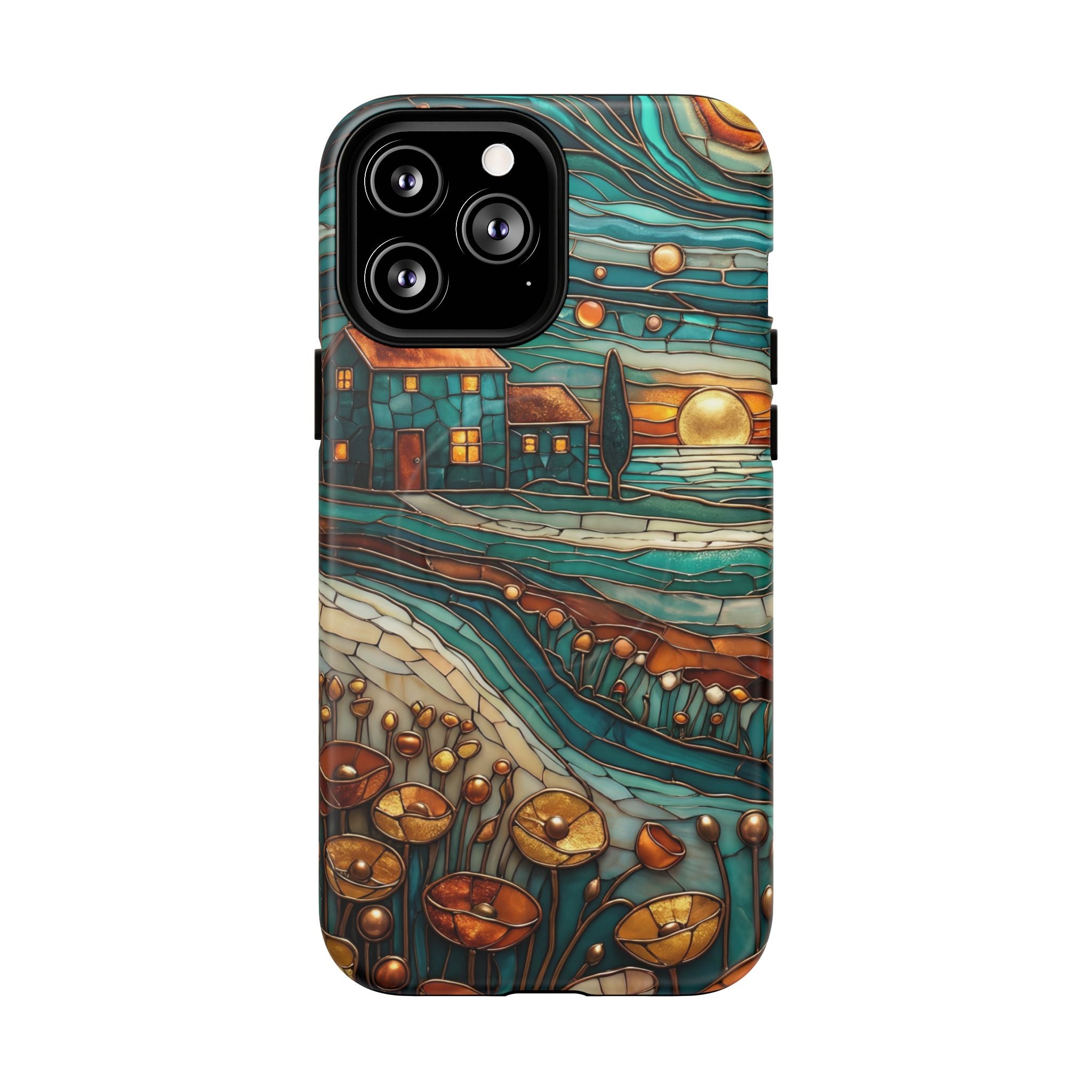 Custodia per telefono MagSafe resistente con paesaggio rustico al tramonto | Custodia protettiva artistica color verde acqua e rame