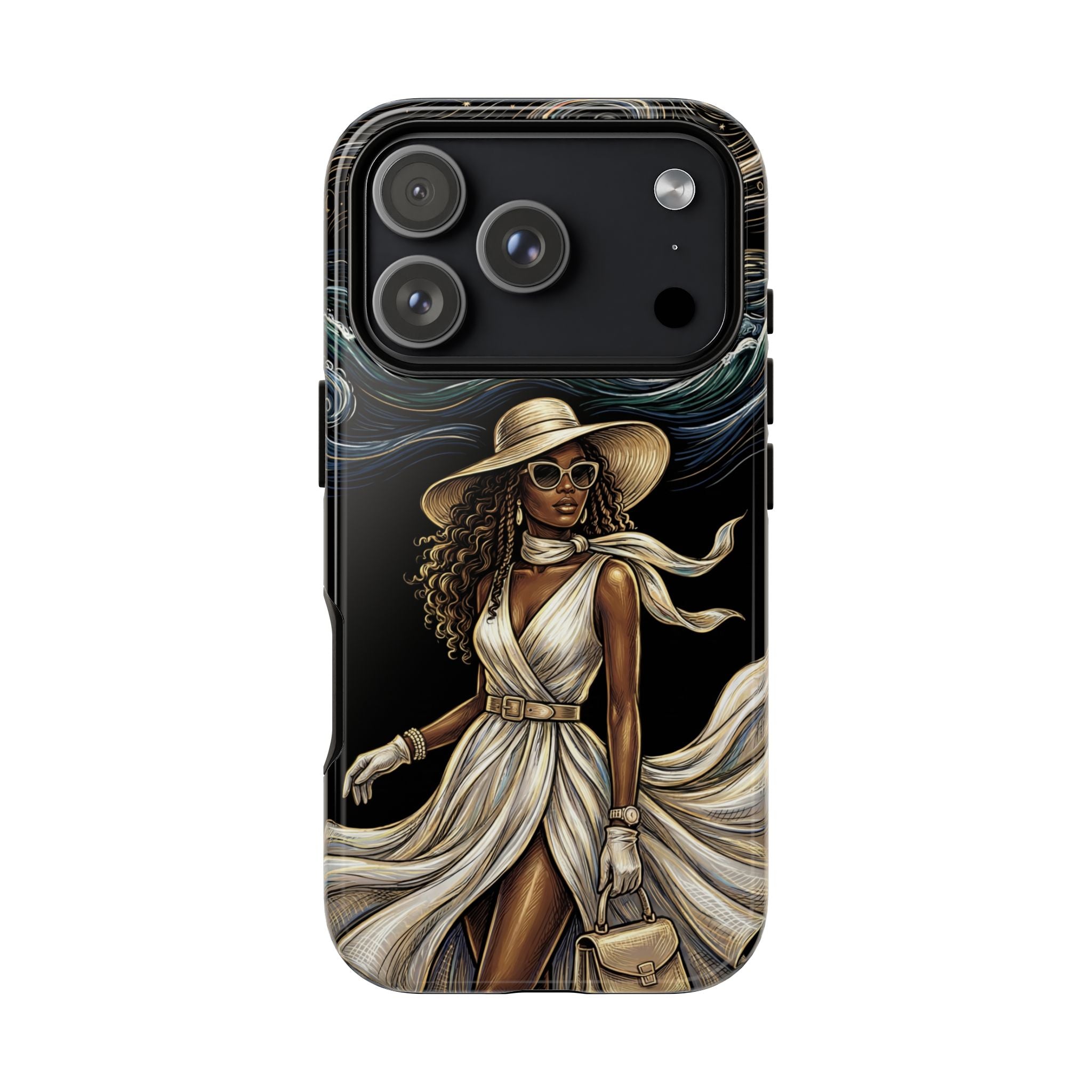 iPhone Case | Elegant Black Woman in Flowing Dress by the Sea