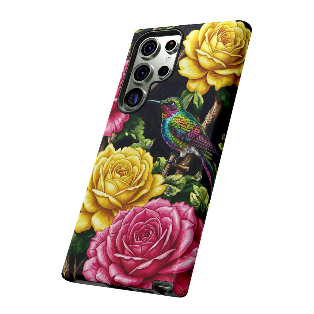 Floral Hummingbird Tough Samsung Galaxy Phone Case | Vibrant Rose & Yellow Garden Protection