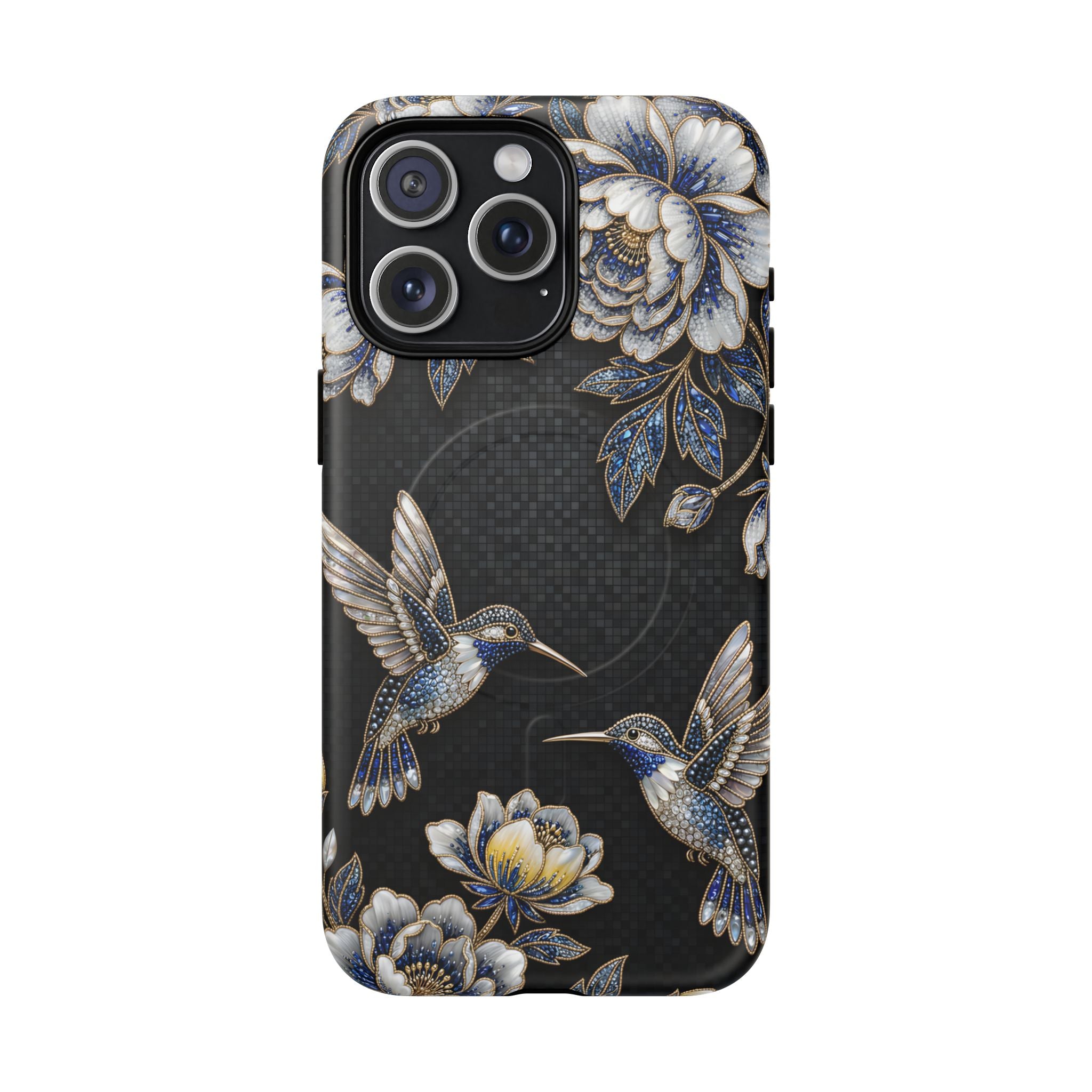 Hummingbird & Peony Floral MagSafe iPhone Case | Elegant Black Protective Cover