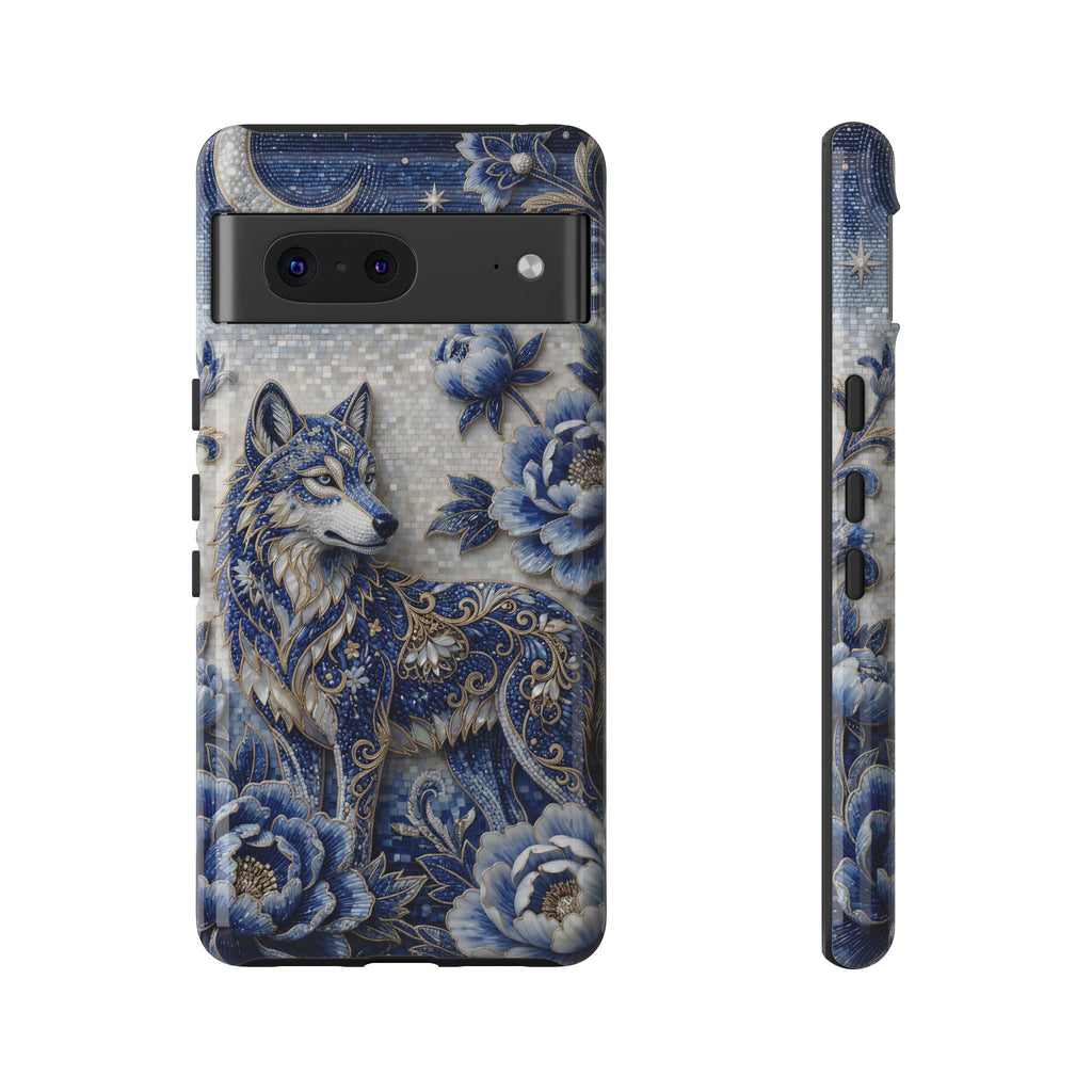 Blue Floral Wolf Tough Google Pixel Phone Case | Moonlit Wolf Protective Cover