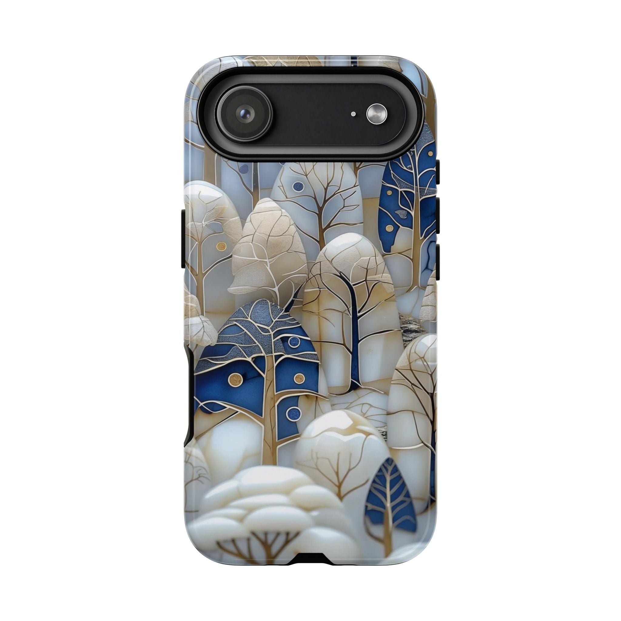 Blue Gold Winter Forest iPhone Case — Elegant Tree Pattern Tough Case