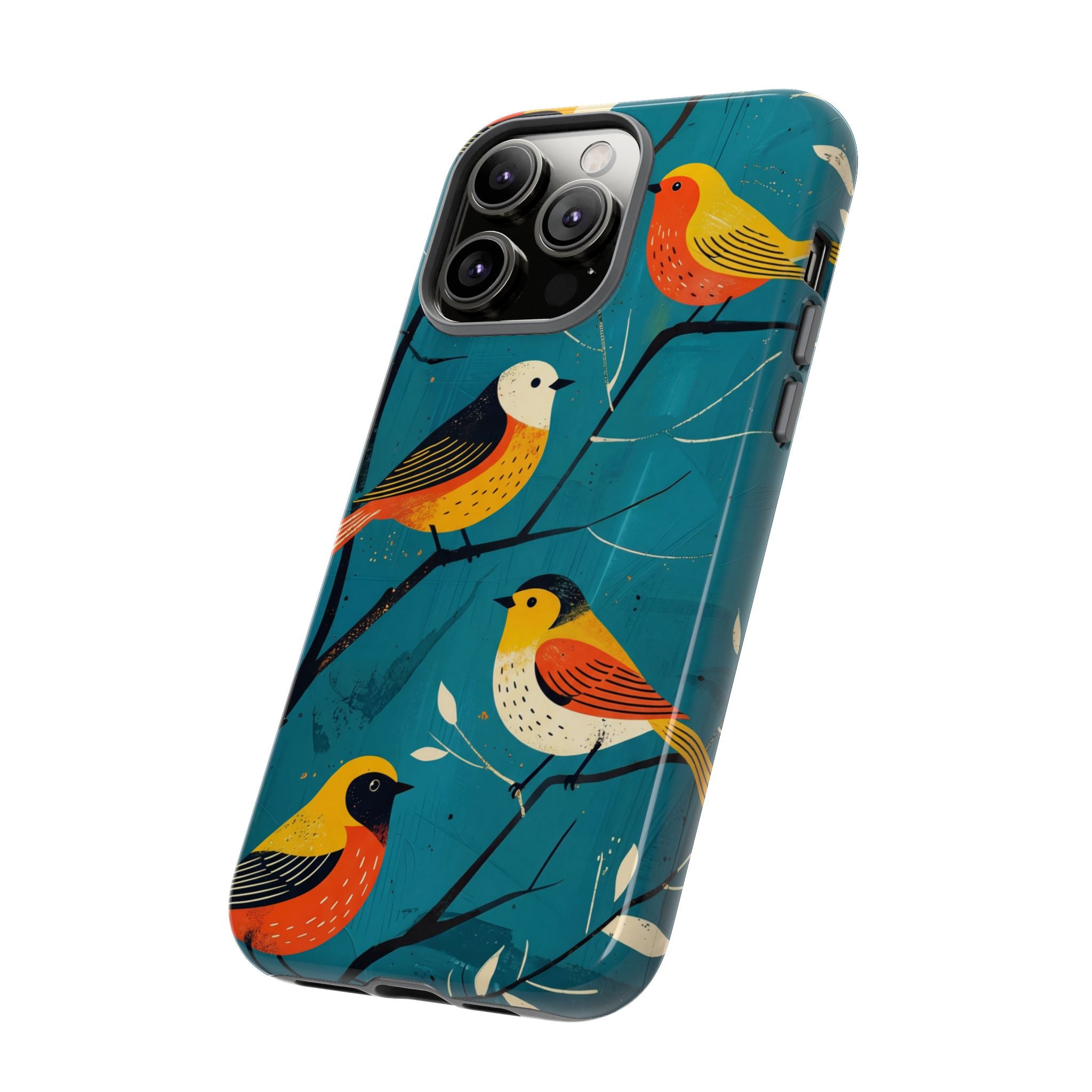 Bird Pattern Tough iPhone Case | Colourful Songbirds on Teal Background