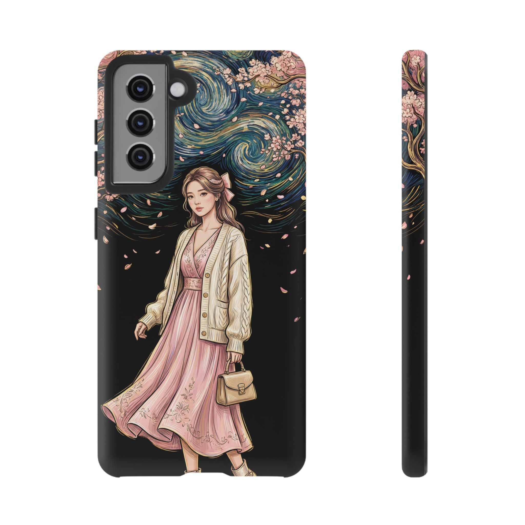 Floral Starry Night Samsung Galaxy Phone Case | Elegant Girl in Pink Dress