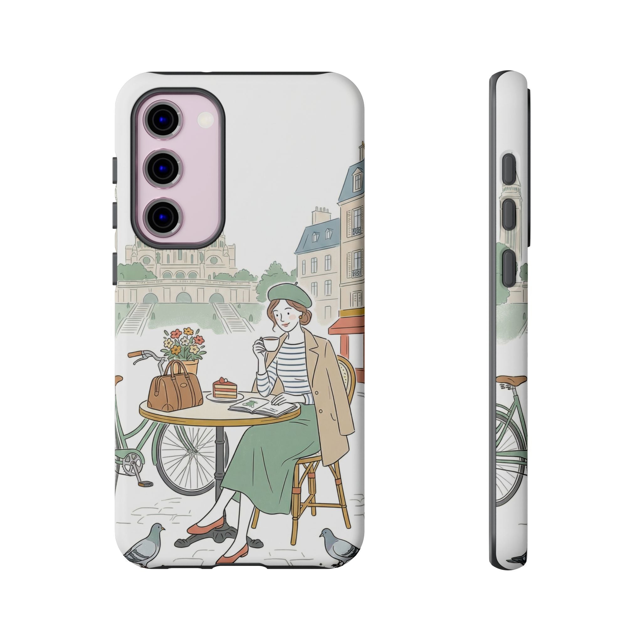 Paris Cafe Illustration Samsung Galaxy Phone Case | Vintage Bicycles & Pigeons Protective Cover