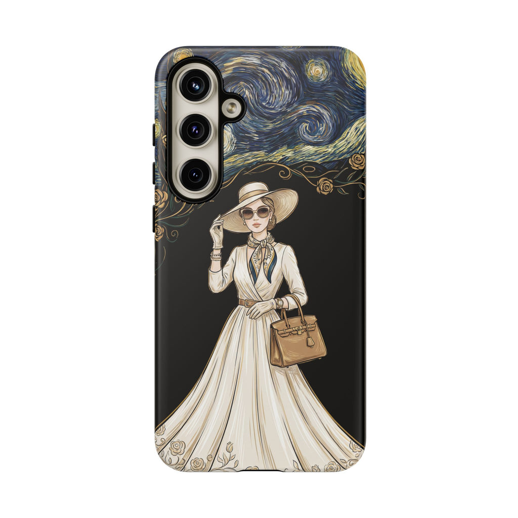 Vintage Starry Night Fashion Samsung Galaxy Phone Case | Elegant Lady in White Dress