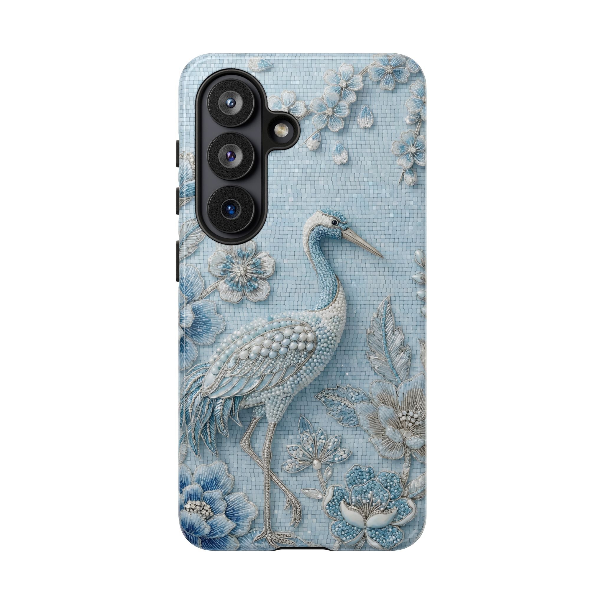Blue Crane Floral Samsung Galaxy Phone Case | Vintage Embossed Bird Design