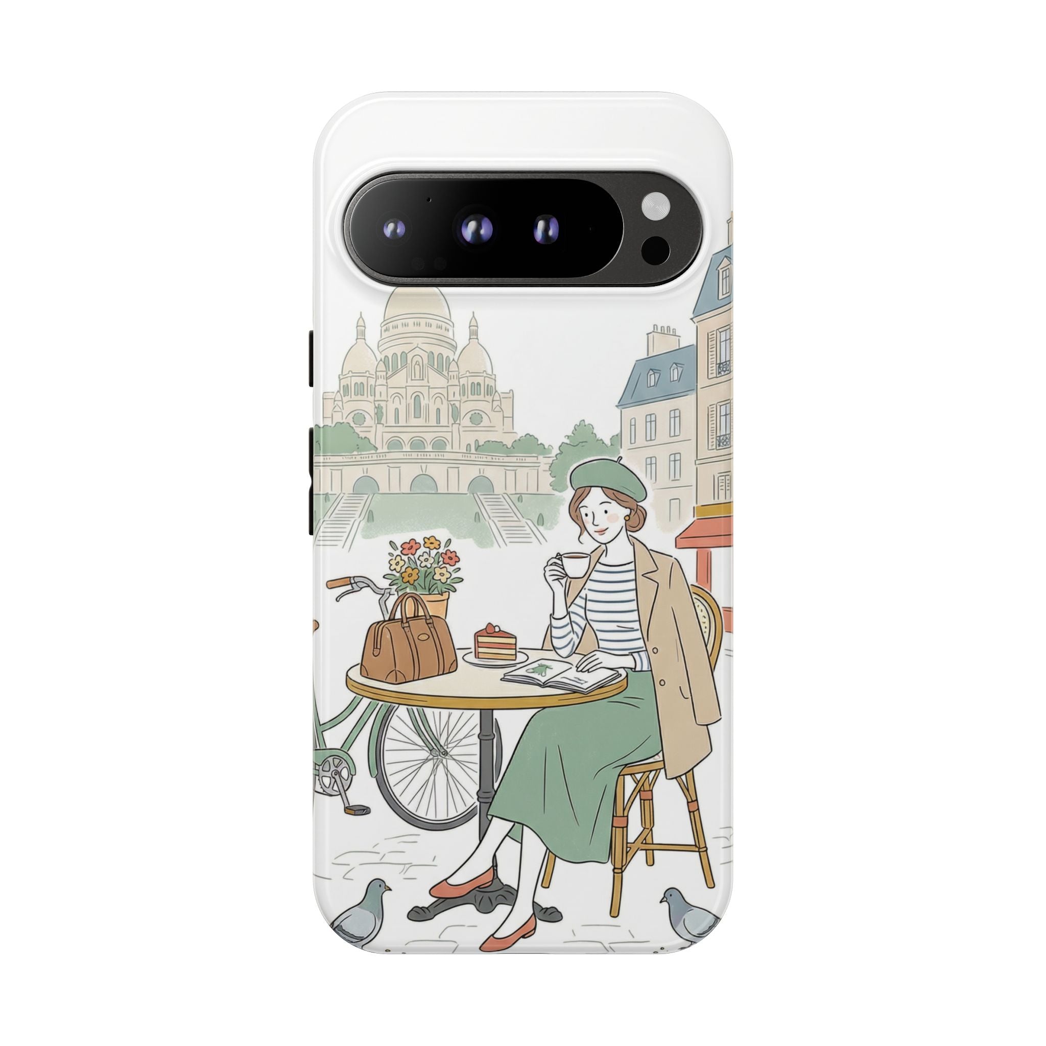 Paris Cafe Illustration Google Pixel Phone Case | Vintage Bicycles & Pigeons Protective Cover