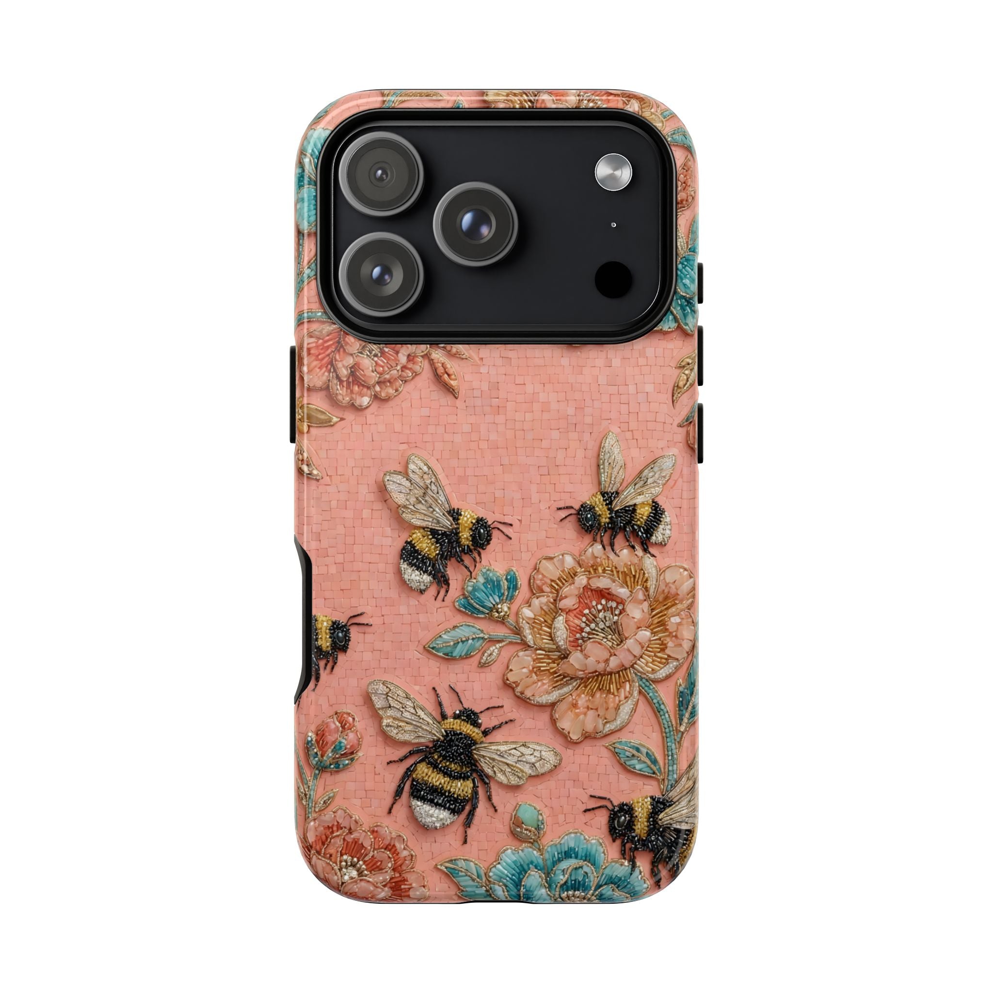 Floral Bee Tough iPhone Case | Vintage Pink Garden Protective Cover