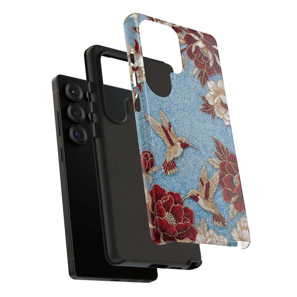 Cover Resistente Samsung Galaxy Colibrì Floreale | Design Botanico Vintage Blu e Borgogna