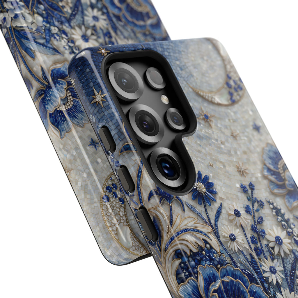 Blue Floral Moon Samsung Galaxy Phone Case | Vintage Botanical Night Sky Protective Case