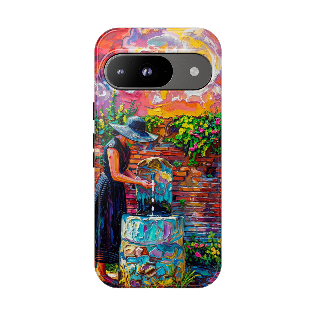 Artistic Garden Google Pixel Case | Woman at Well Colourful Impressionist Design