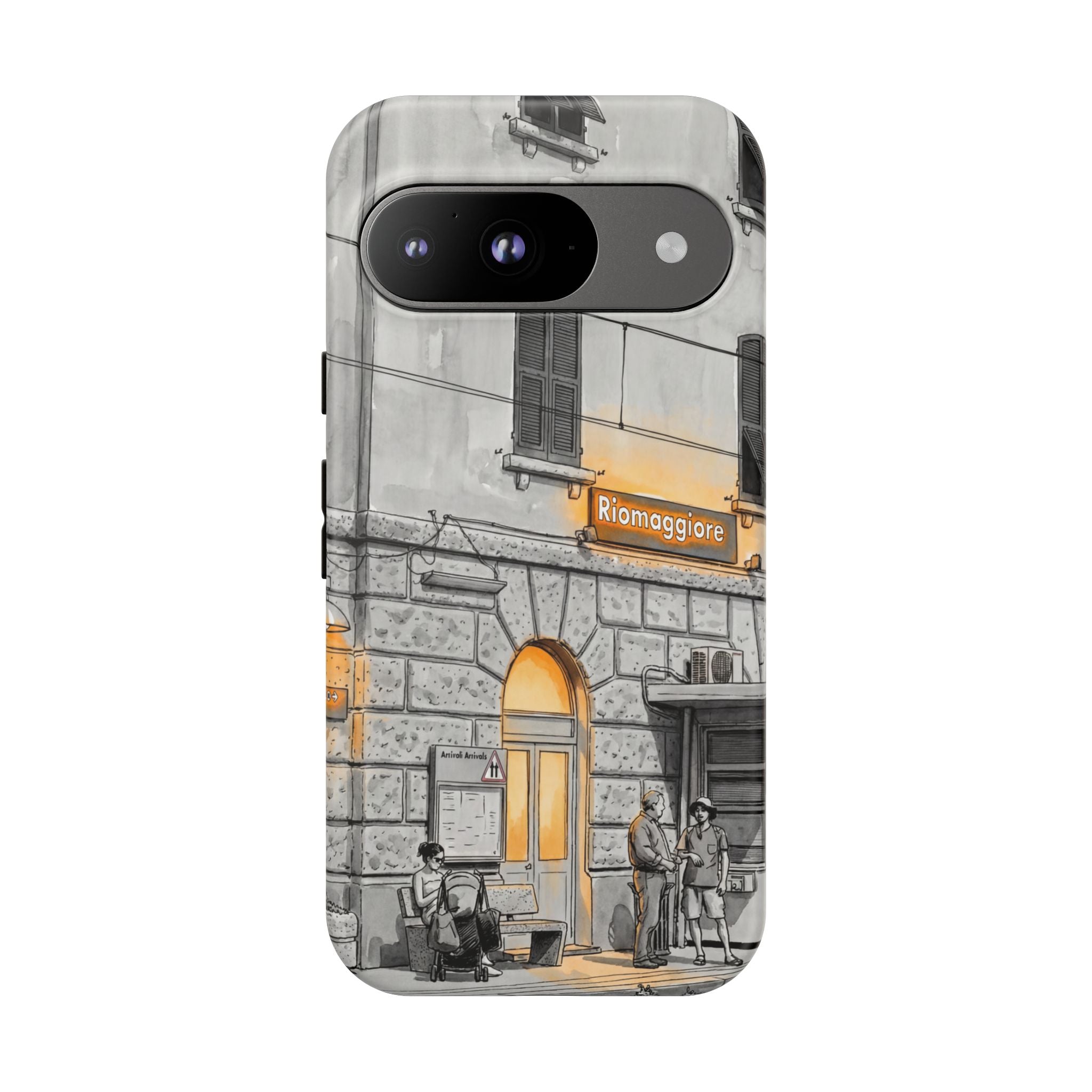 Cinque Terre Train Station Google Pixel Case | Black & White Sketch with Warm Yellow Accents