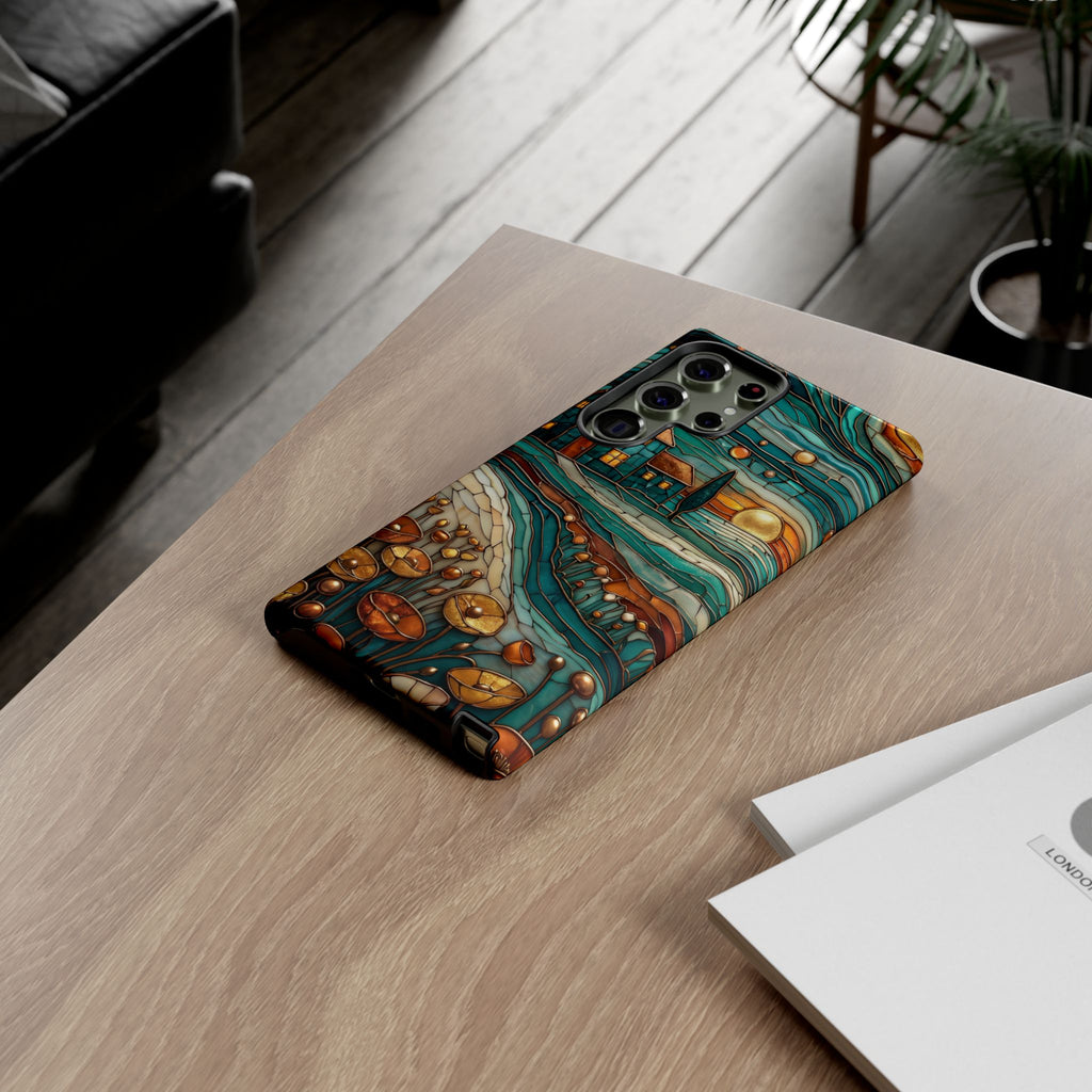 Artistic Sunset Cottage Samsung Galaxy Case | Whimsical Floral Landscape Protective Cover