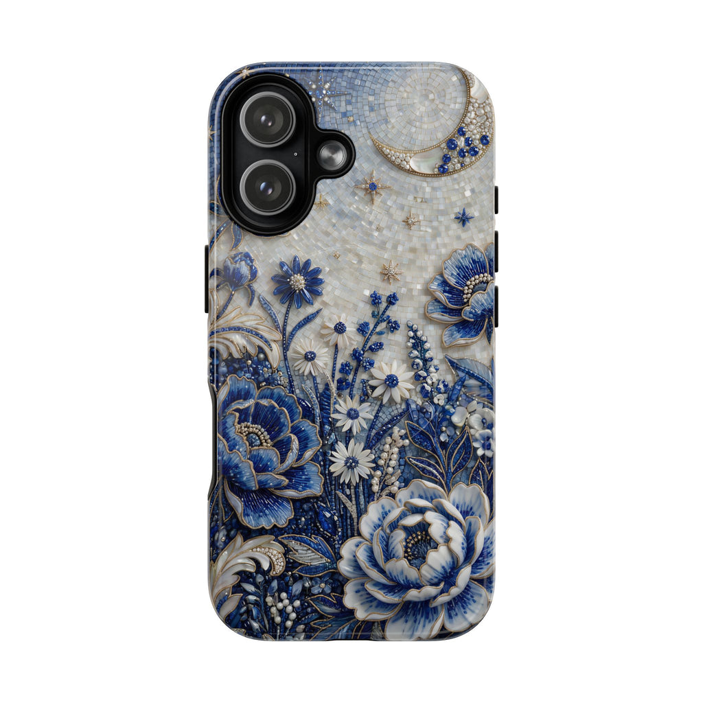 Blue Floral Moon MagSafe iPhone Case | Vintage Botanical Night Sky Protective Case