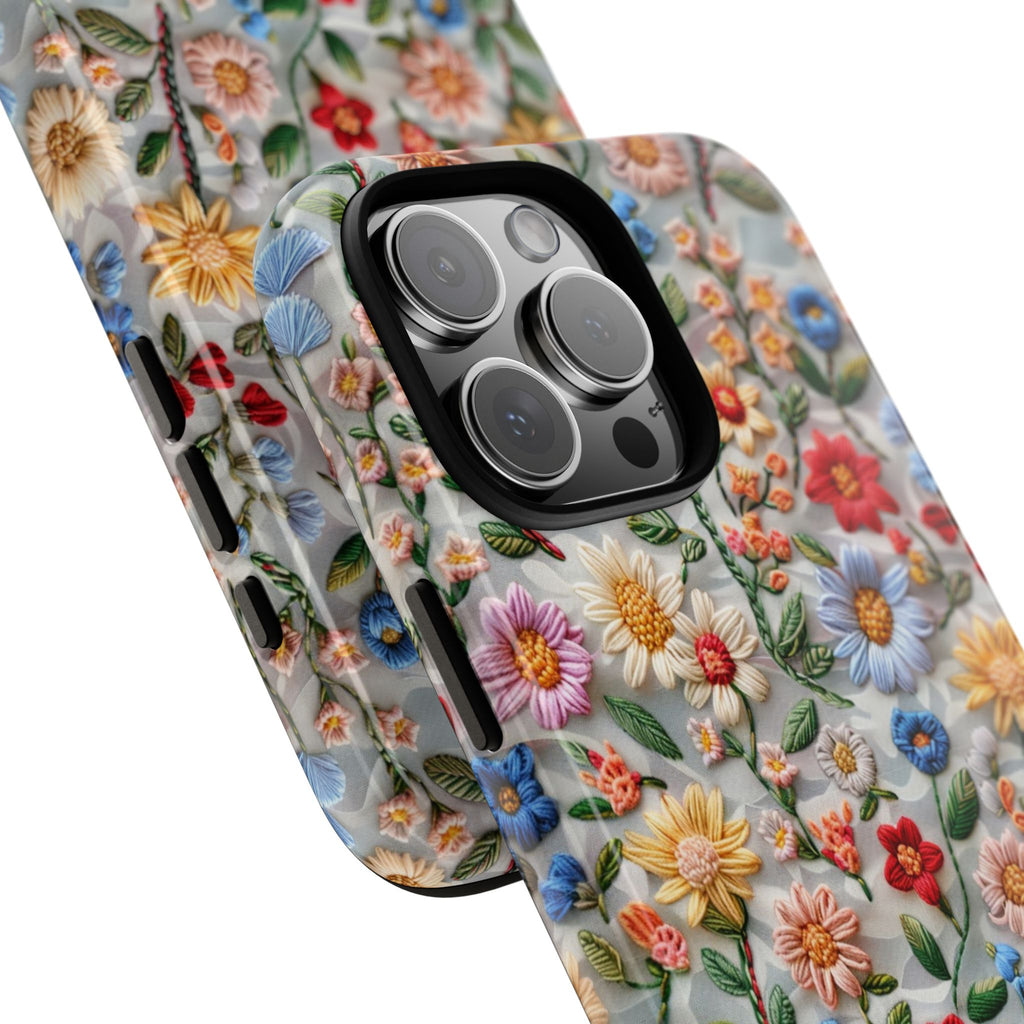 Floral Embroidered Pattern Tough iPhone Case — Colourful Daisy & Wildflower Design