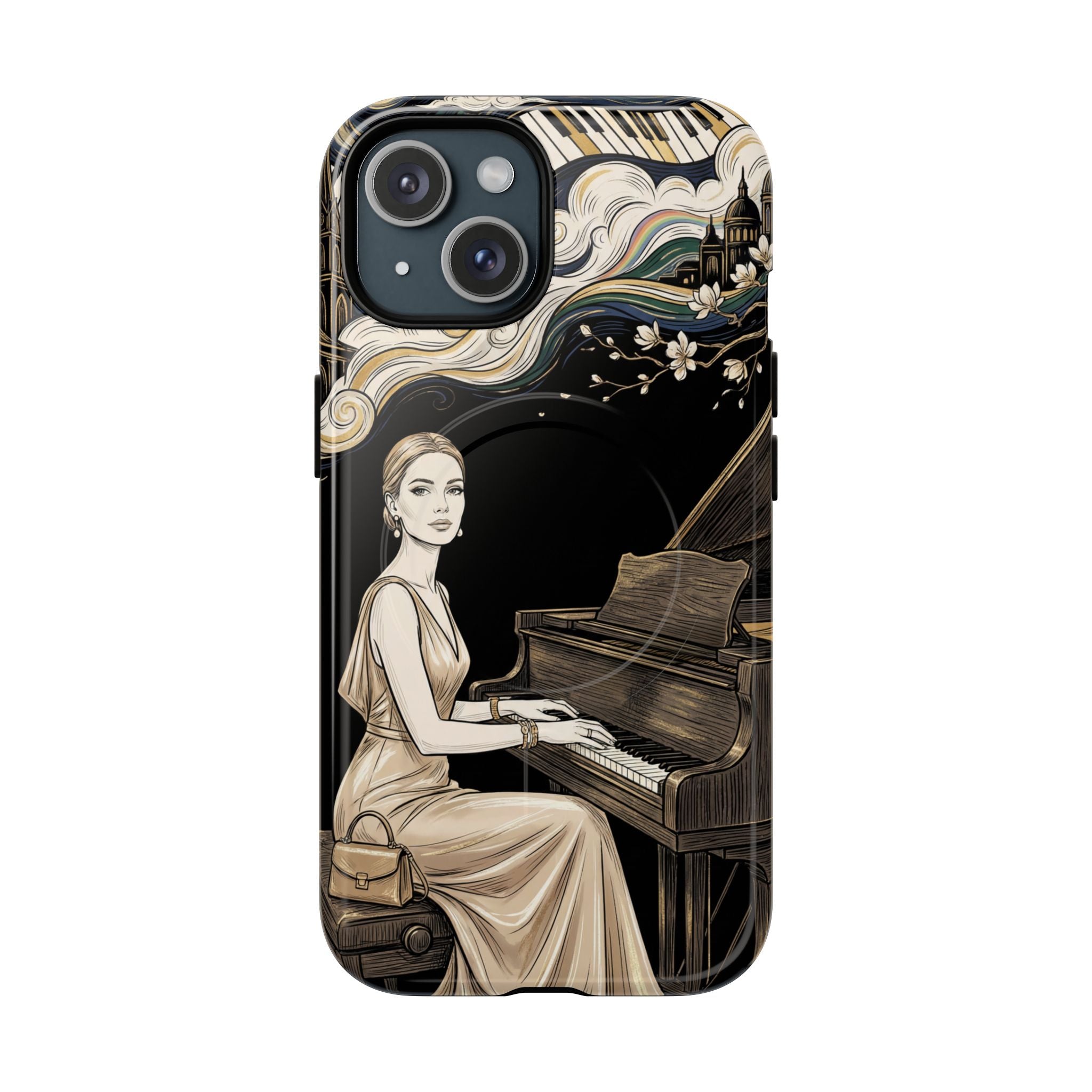 Elegant Piano Woman MagSafe iPhone Case | Vintage Art Deco Music Design