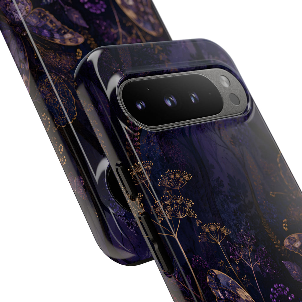 Purple Night Butterflies Google Pixel Phone Case | Moody Purple Floral Cover