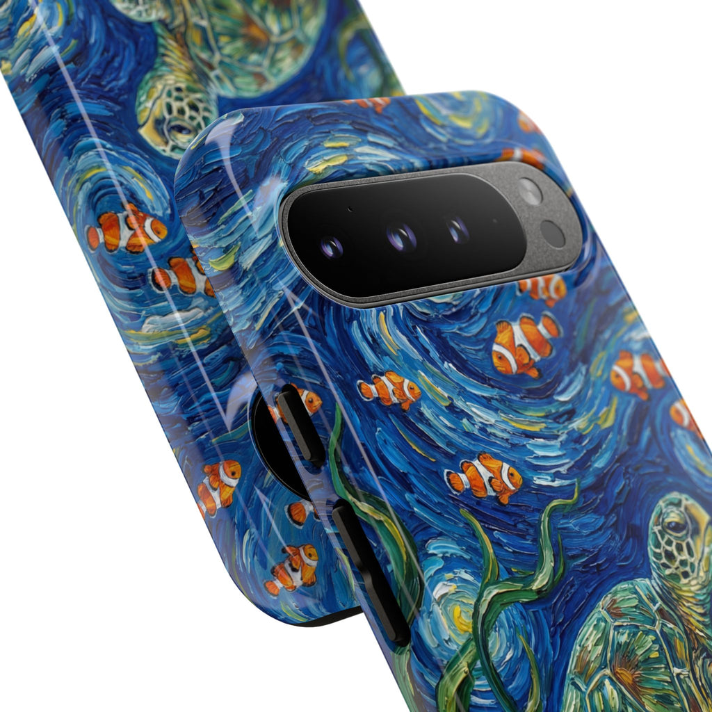 Sea Turtle & Clownfish Tough Google Pixel Case | Van Gogh Style Ocean Art