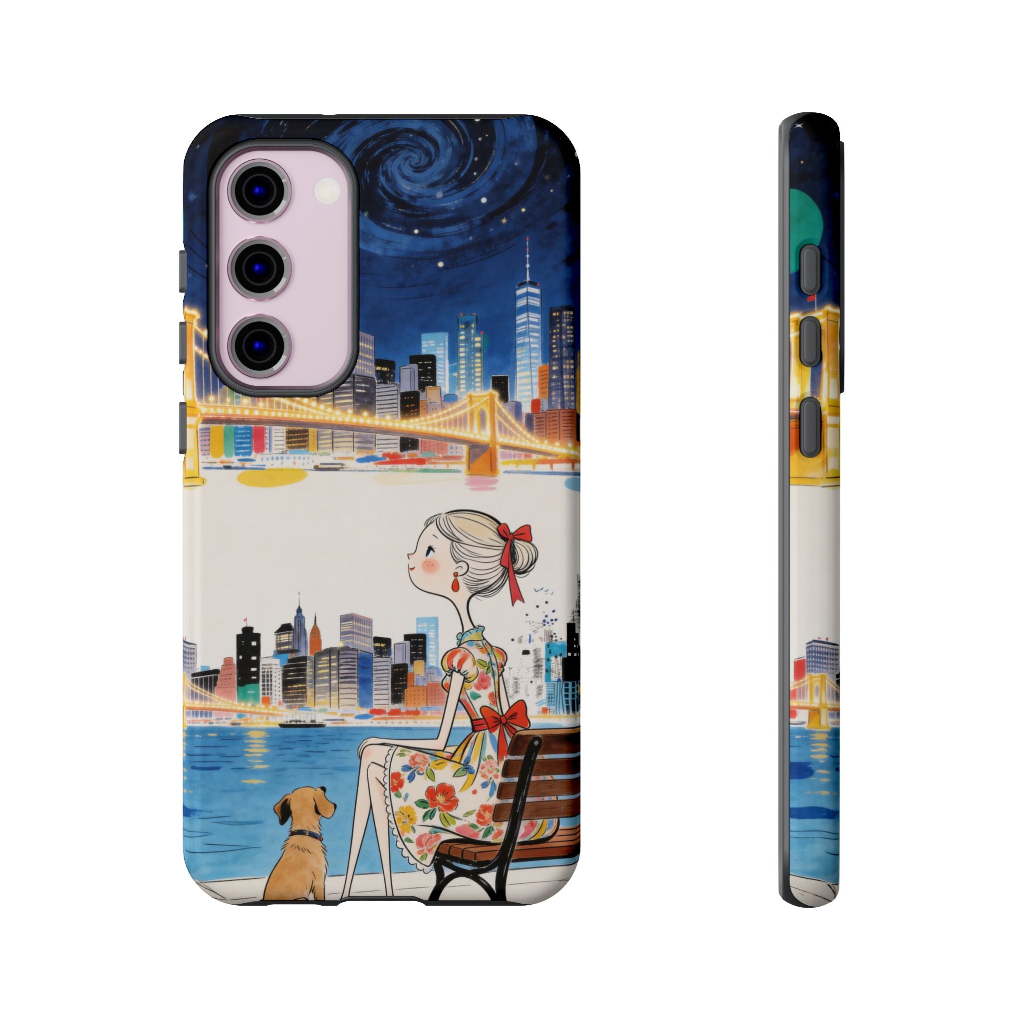 City Night Samsung Galaxy Phone Case | Cute Girl & Dog Bench Illustration