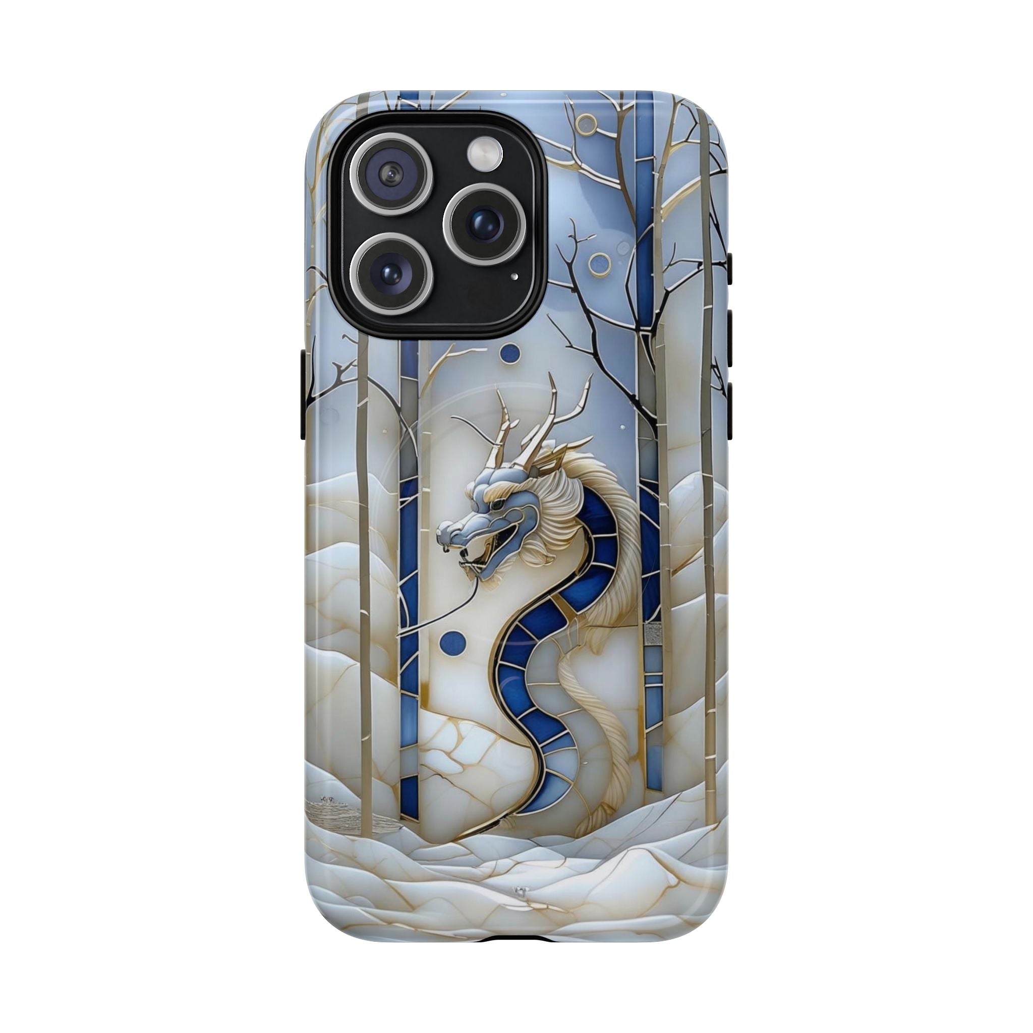 Dragon Stained Glass Tough MagSafe Phone Case — Blue & Ivory Medieval Art