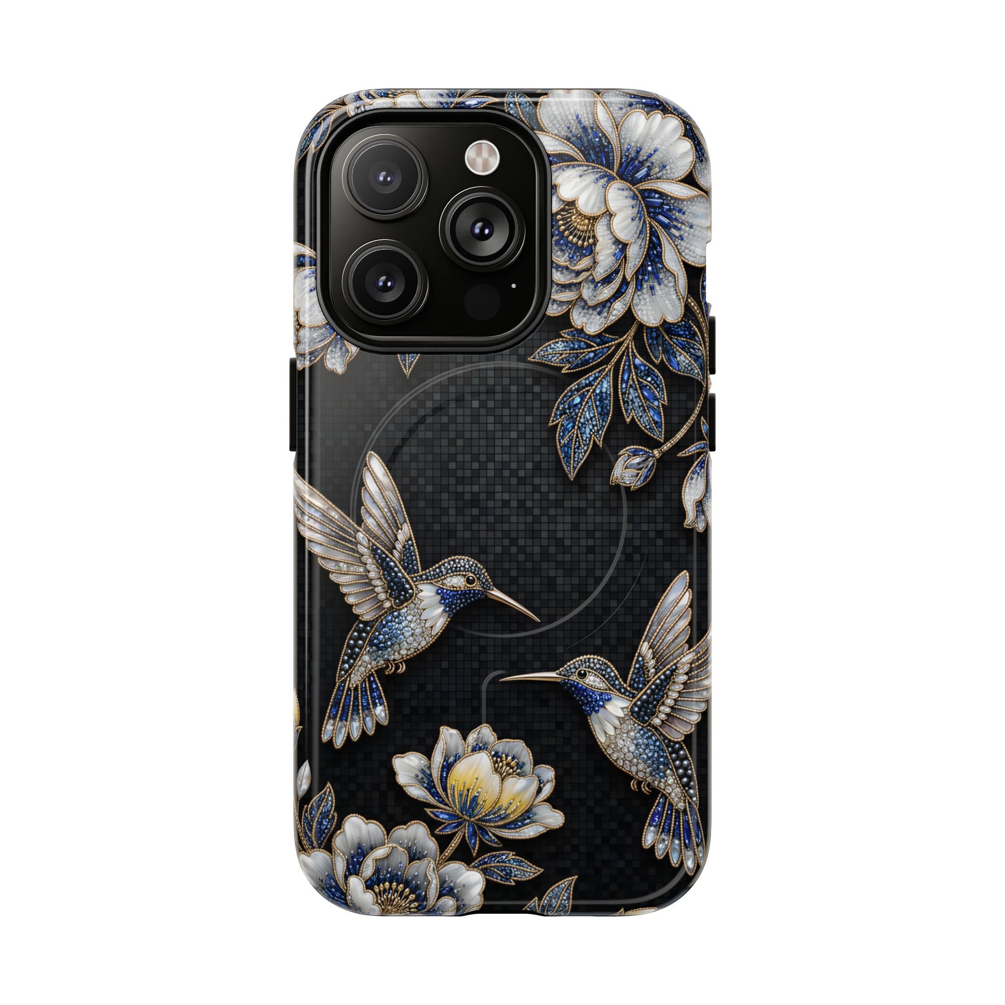 Hummingbird & Peony Floral MagSafe iPhone Case | Elegant Black Protective Cover